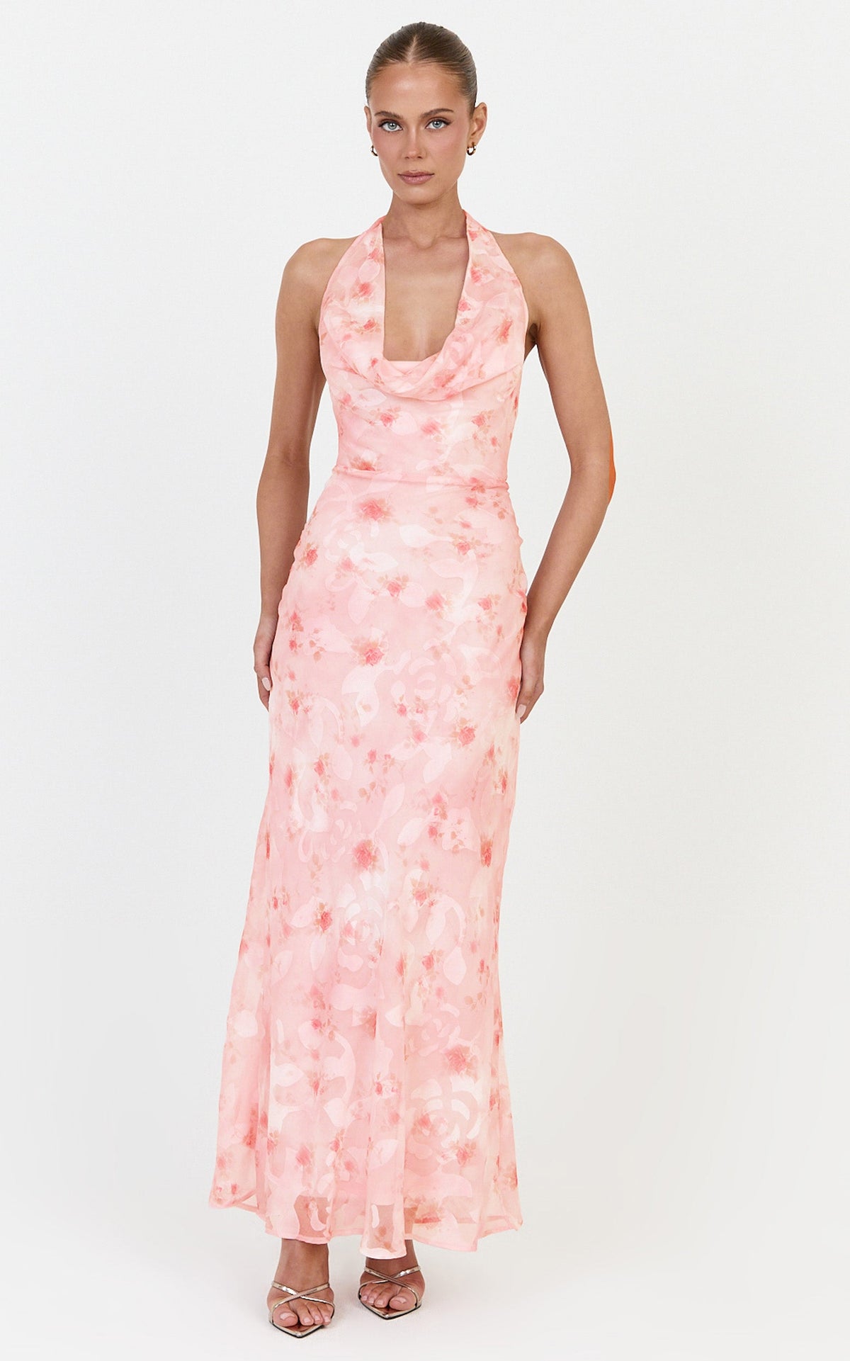Paloma Maxi Dress - Halter Neck Cowl Dress in Pink Floral