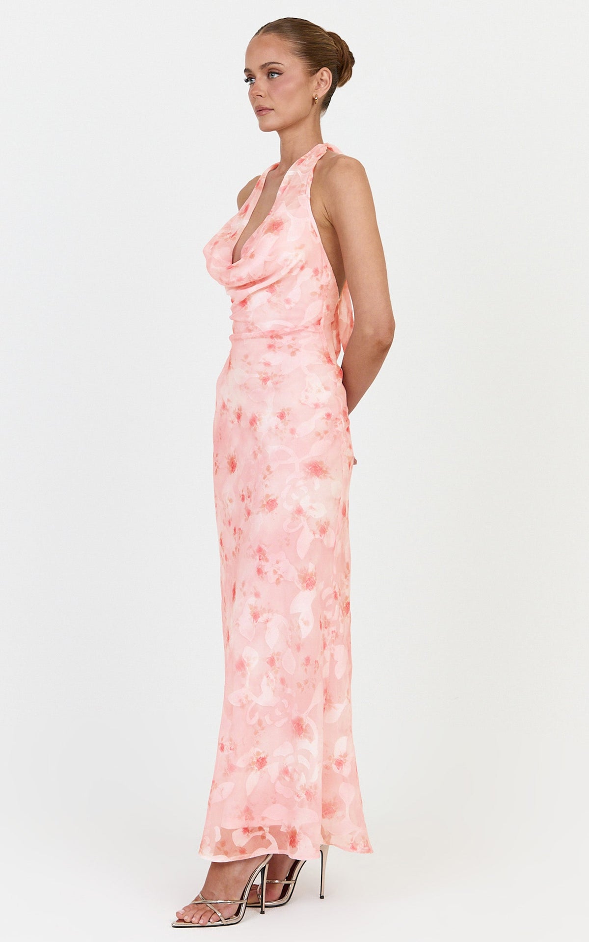 Paloma Maxi Dress - Halter Neck Cowl Dress in Pink Floral