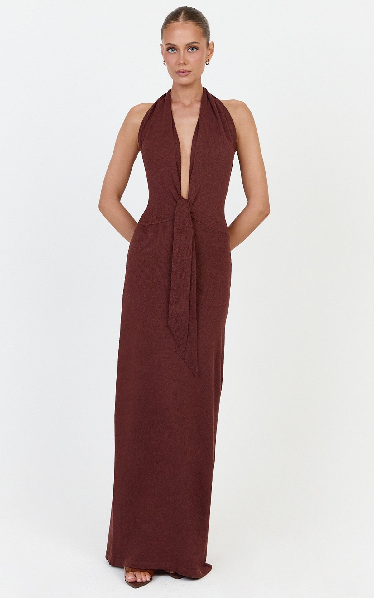 Florence Maxi Dress - Halterneck Tie Detail Knit Dress in Chocolate