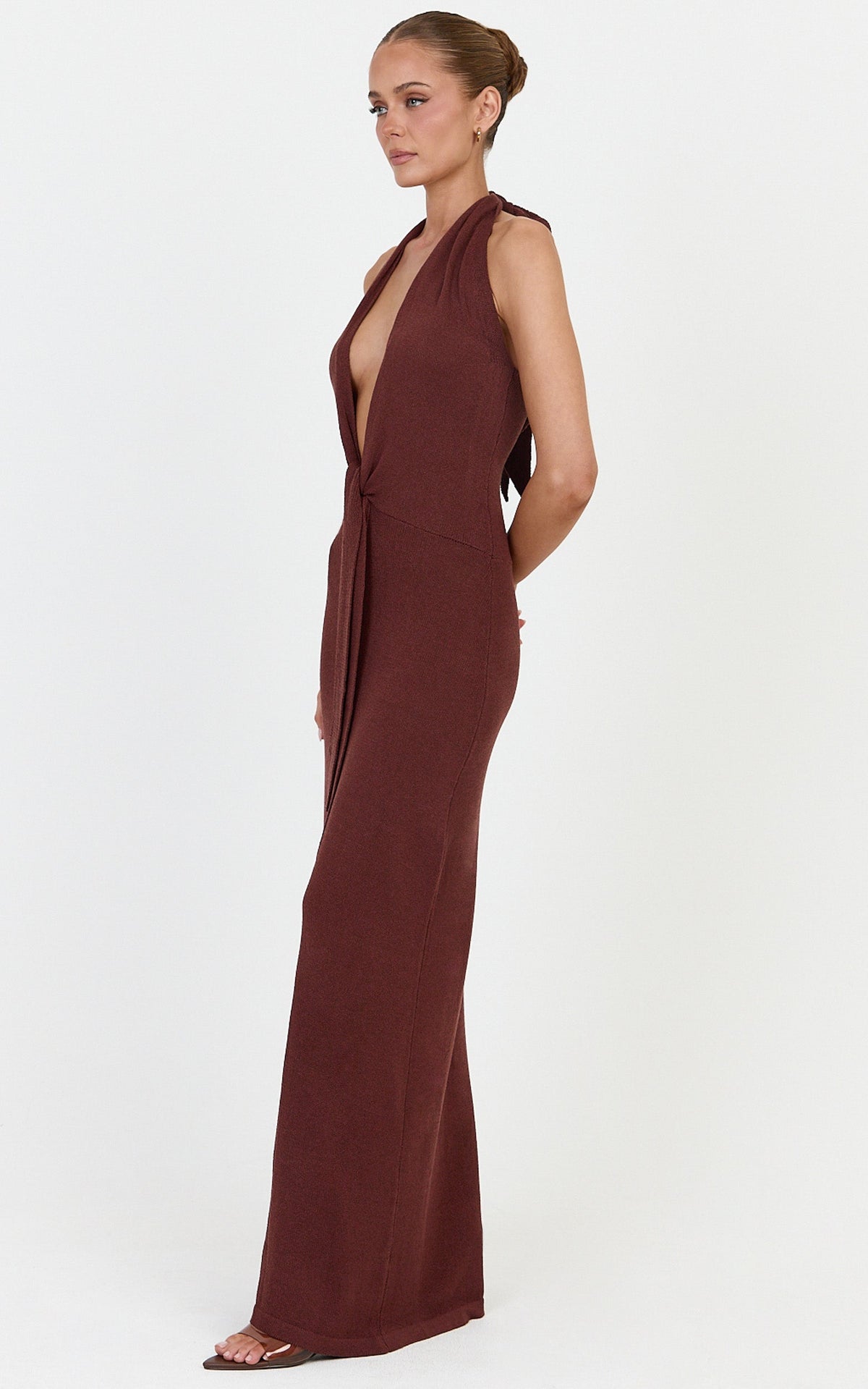 Florence Maxi Dress - Halterneck Tie Detail Knit Dress in Chocolate