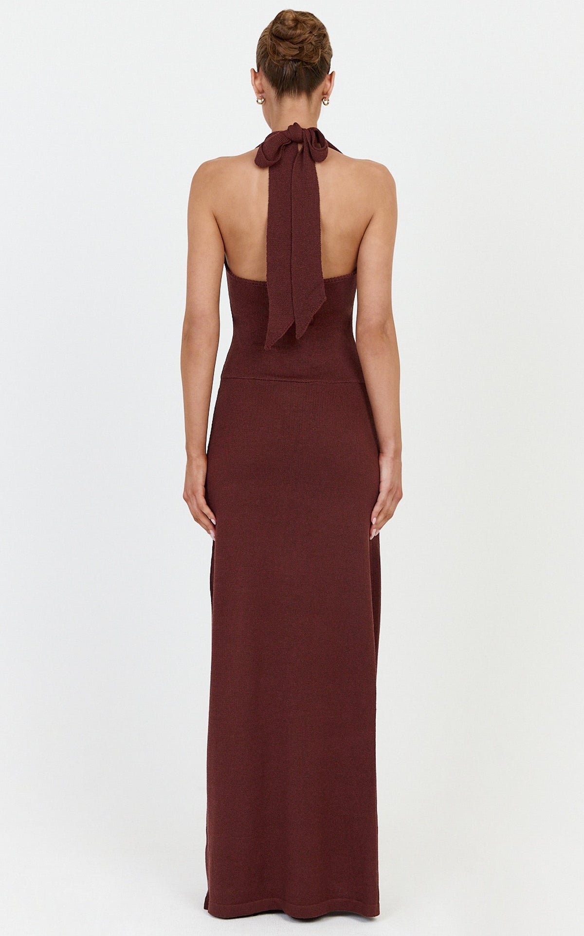 Florence Maxi Dress - Halterneck Tie Detail Knit Dress in Chocolate