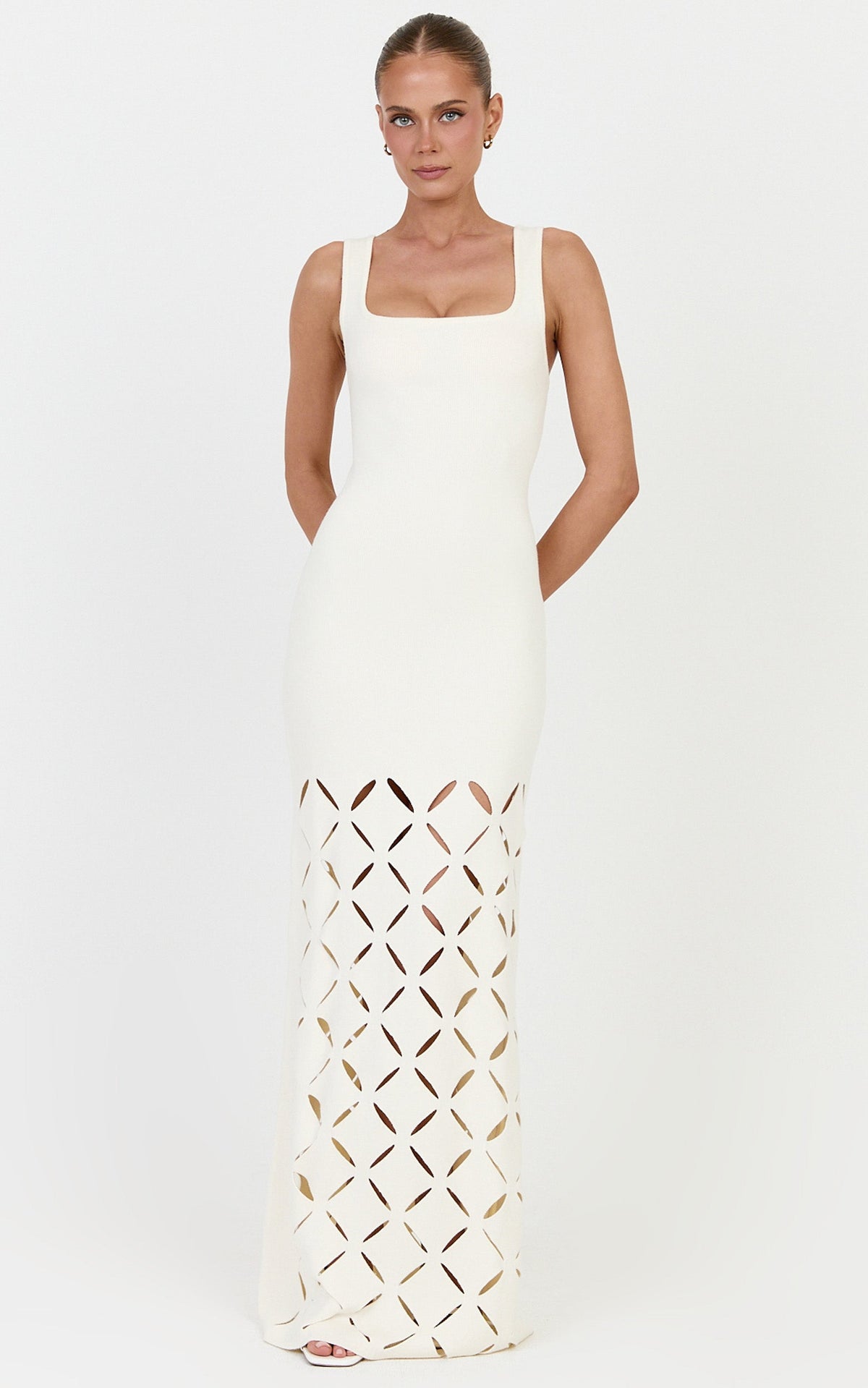 Sabrina Maxi Dress - Scoop Neck Laser Cut Dress in Cream