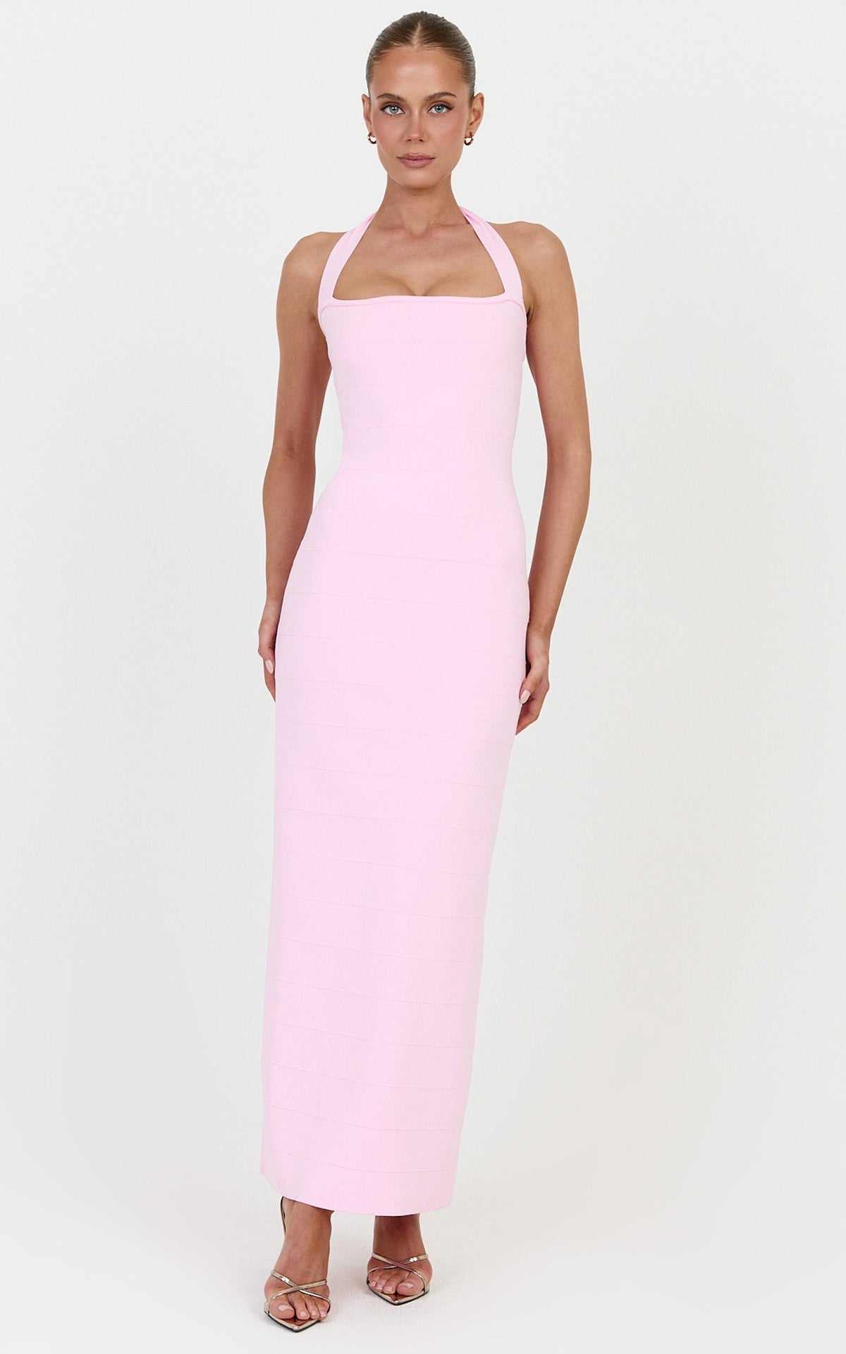 Scarlett Midi Dress - Halter Neck Bandage Knit Dress in Pink