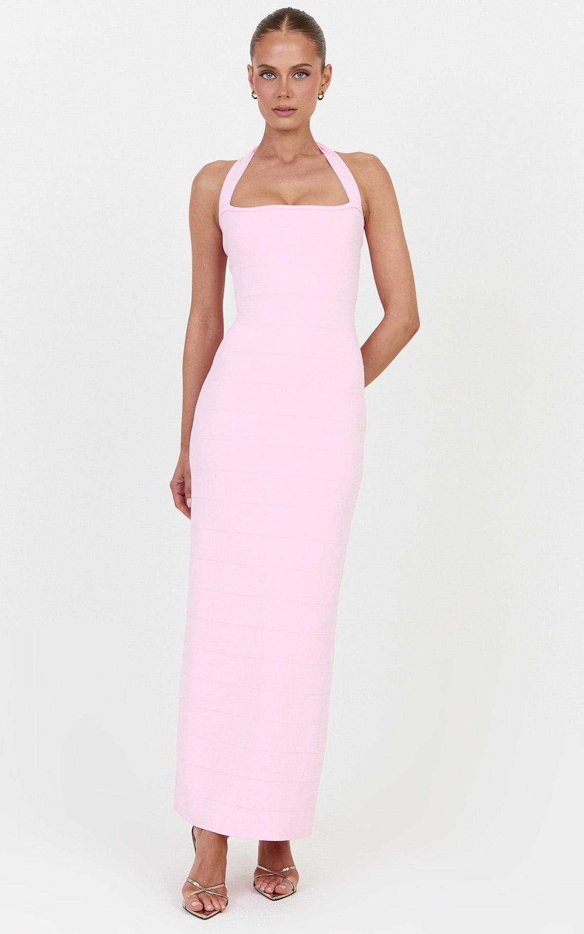Scarlett Midi Dress - Halter Neck Bandage Knit Dress in Pink