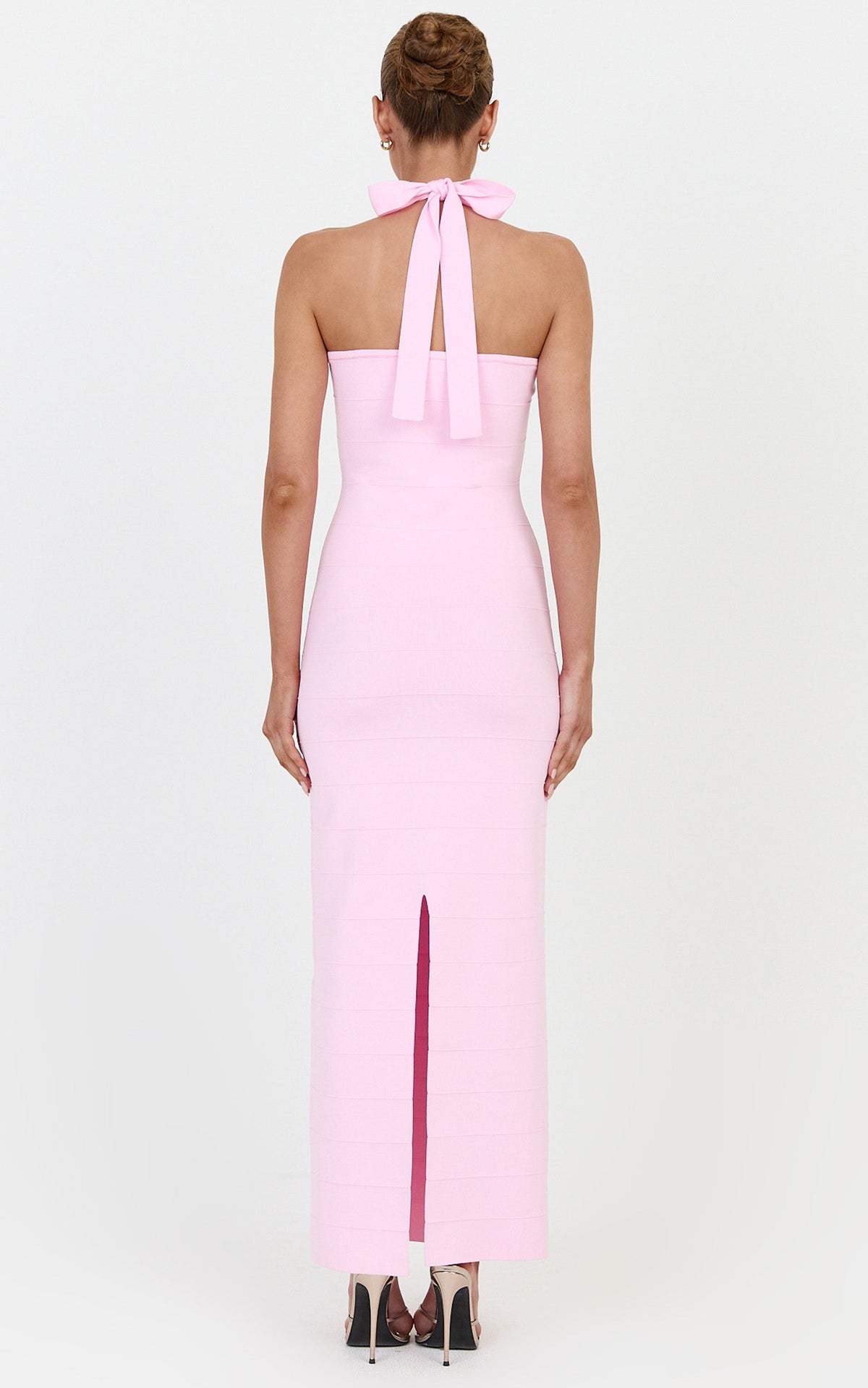 Scarlett Midi Dress - Halter Neck Bandage Knit Dress in Pink