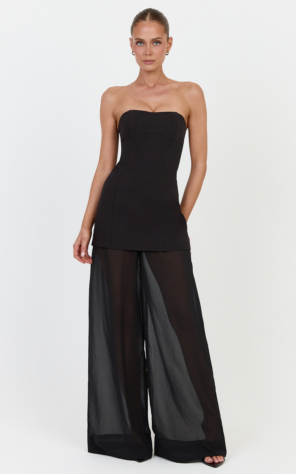 Colette Two Piece Set - Strapless Longline Top And Sheer Wide Legged Pant Set in Black