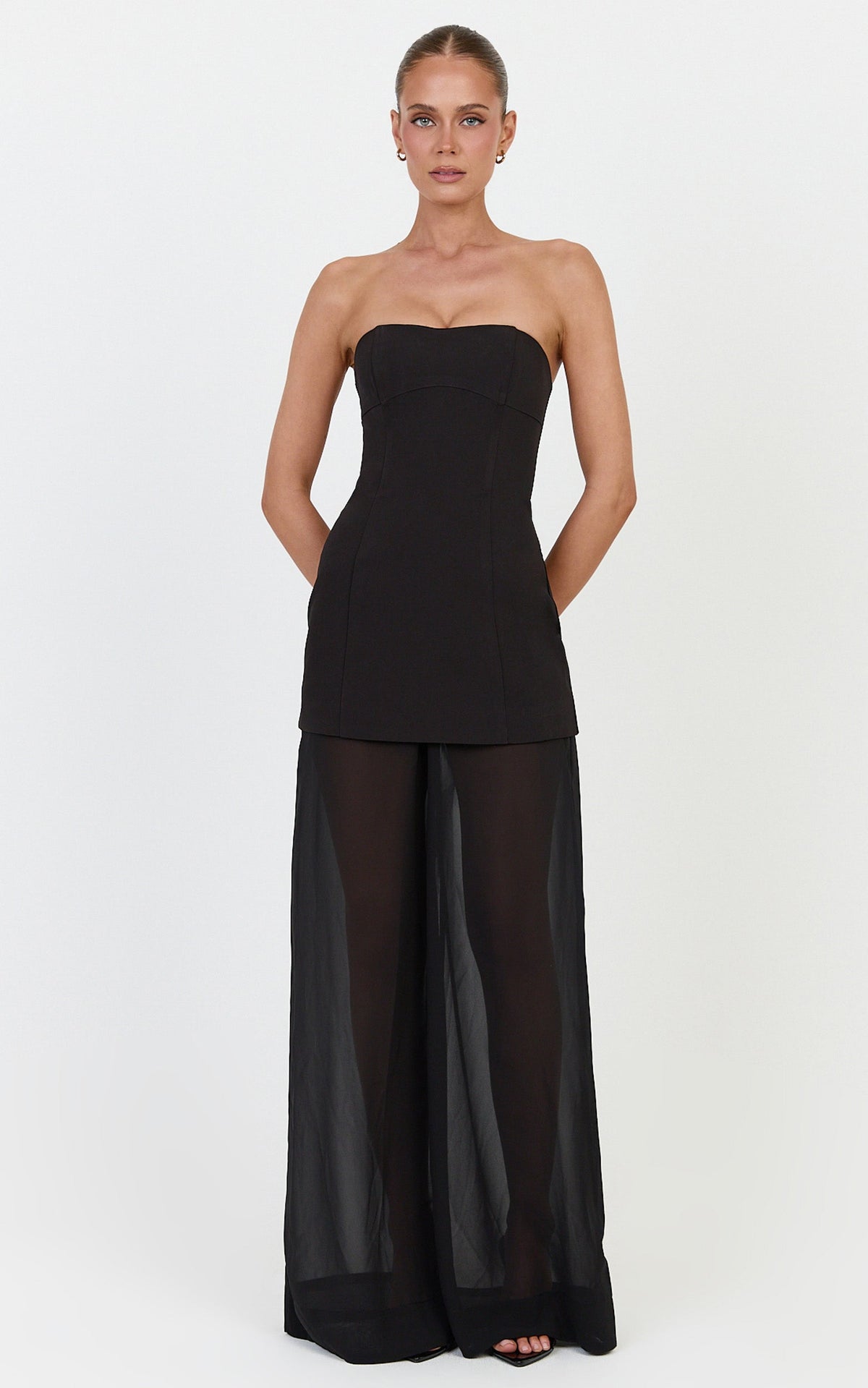 Colette Two Piece Set - Strapless Longline Top And Sheer Wide Legged Pant Set in Black