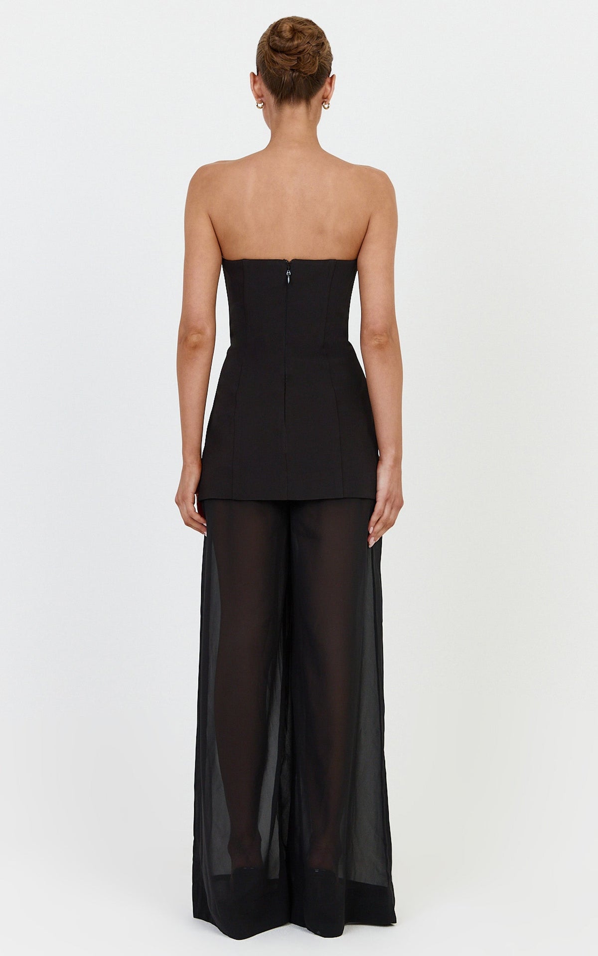 Colette Two Piece Set - Strapless Longline Top And Sheer Wide Legged Pant Set in Black