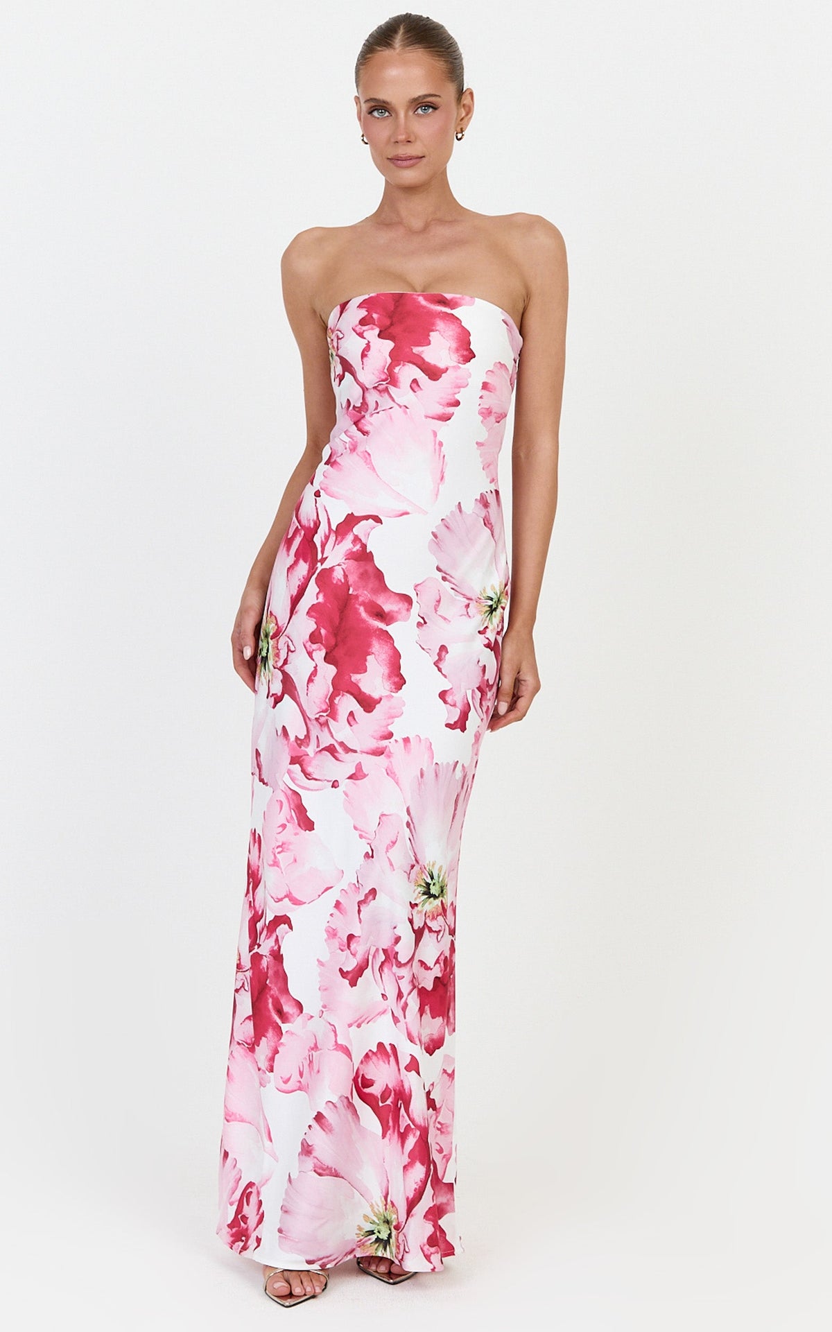 Alessia Maxi Dress - Strapless Fitted Dress in Poppy On White Print