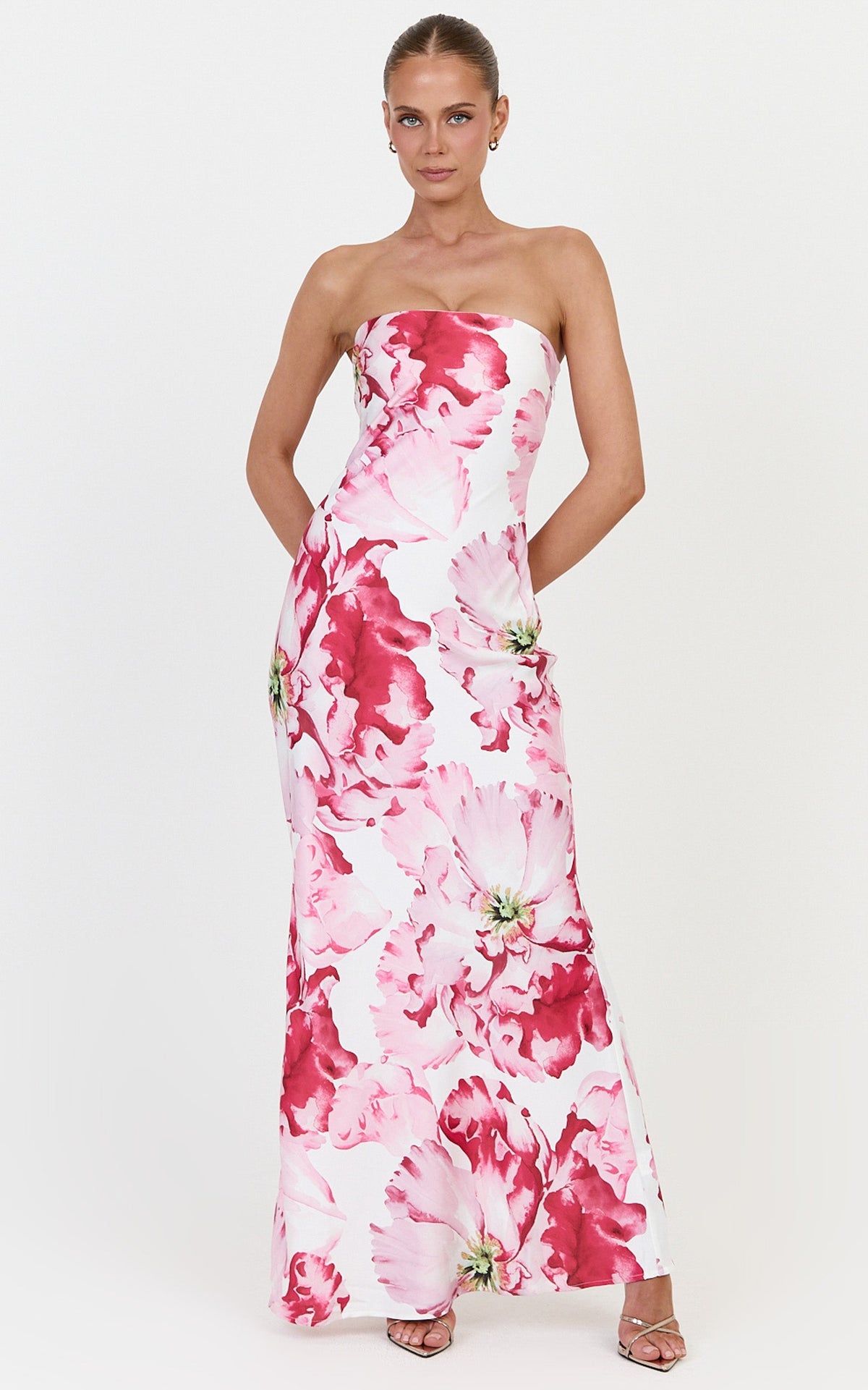 Alessia Maxi Dress - Strapless Fitted Dress in Poppy On White Print