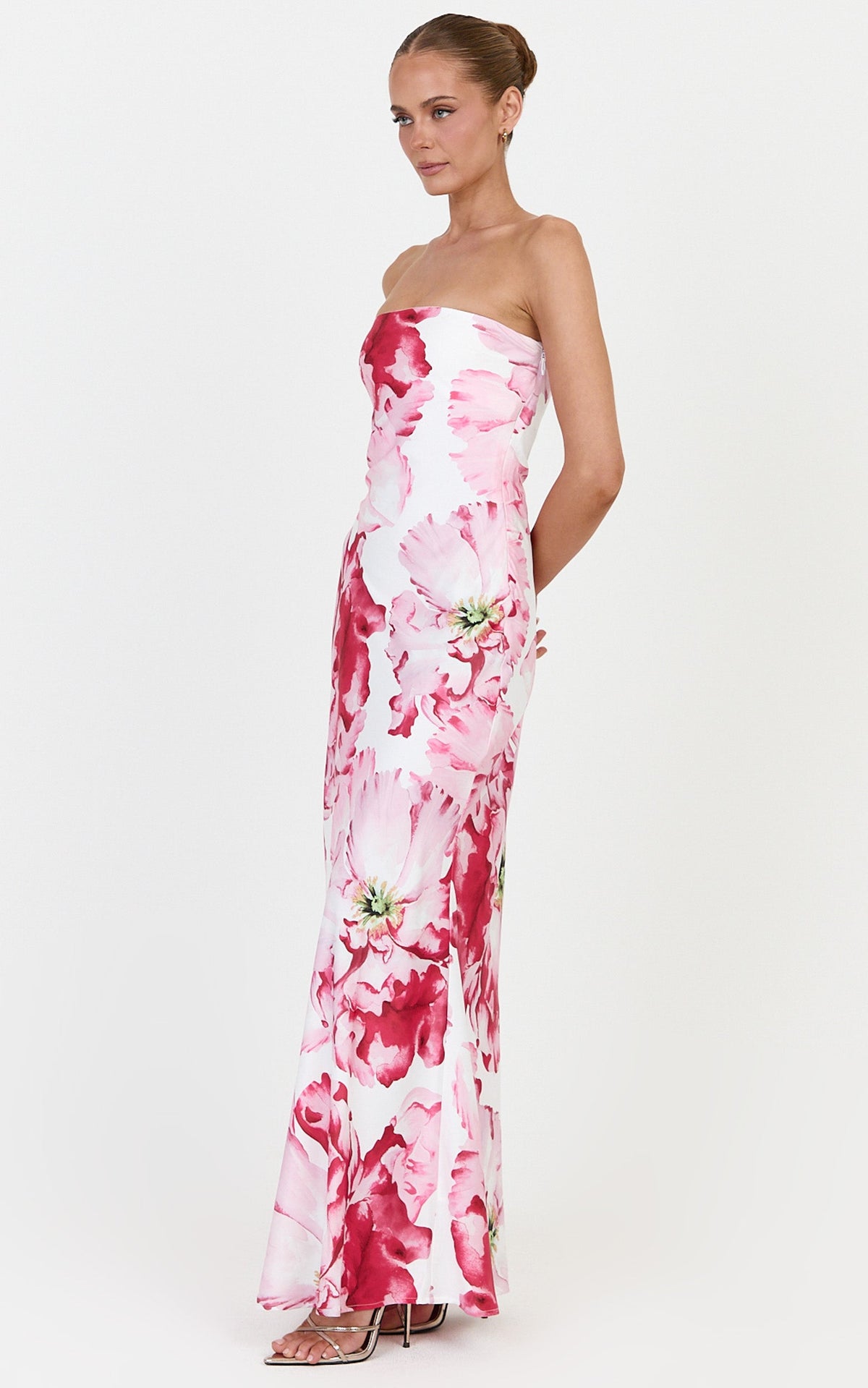 Alessia Maxi Dress - Strapless Fitted Dress in Poppy On White Print