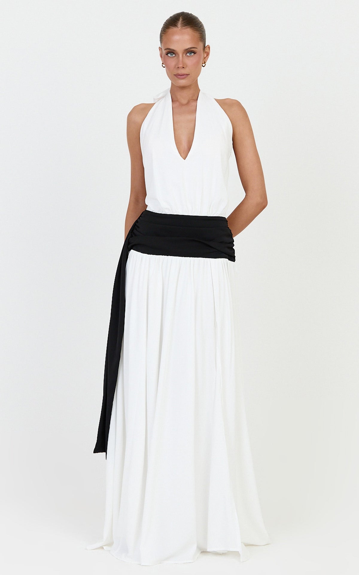 Erin Maxi Dress - Plunge Halter Neck Draped Dropped Waist Sash Dress in Cream