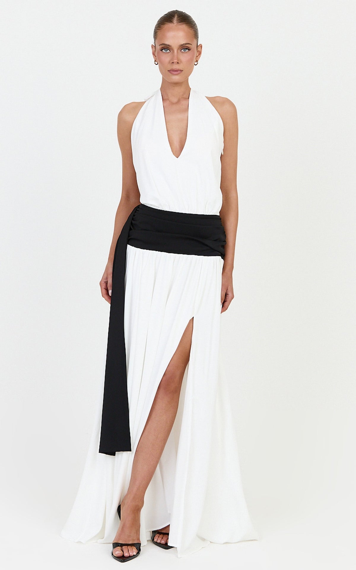 Erin Maxi Dress - Plunge Halter Neck Draped Dropped Waist Sash Dress in Cream
