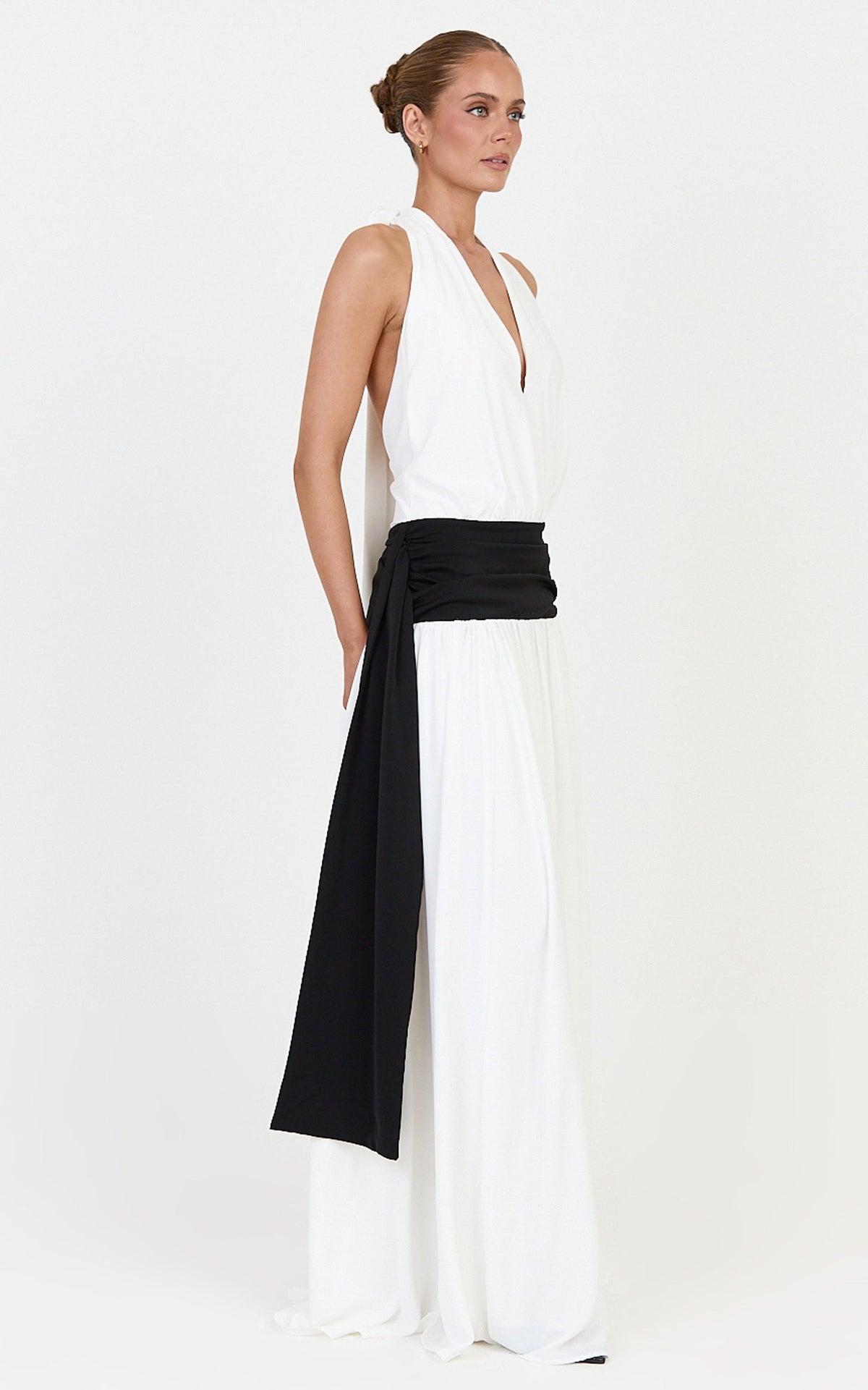 Erin Maxi Dress - Plunge Halter Neck Draped Dropped Waist Sash Dress in Cream