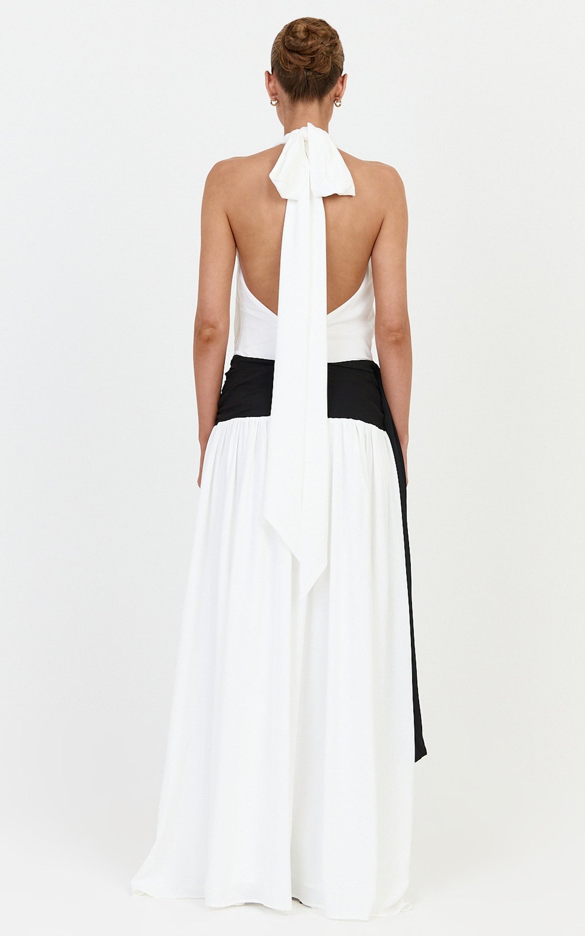 Erin Maxi Dress - Plunge Halter Neck Draped Dropped Waist Sash Dress in Cream