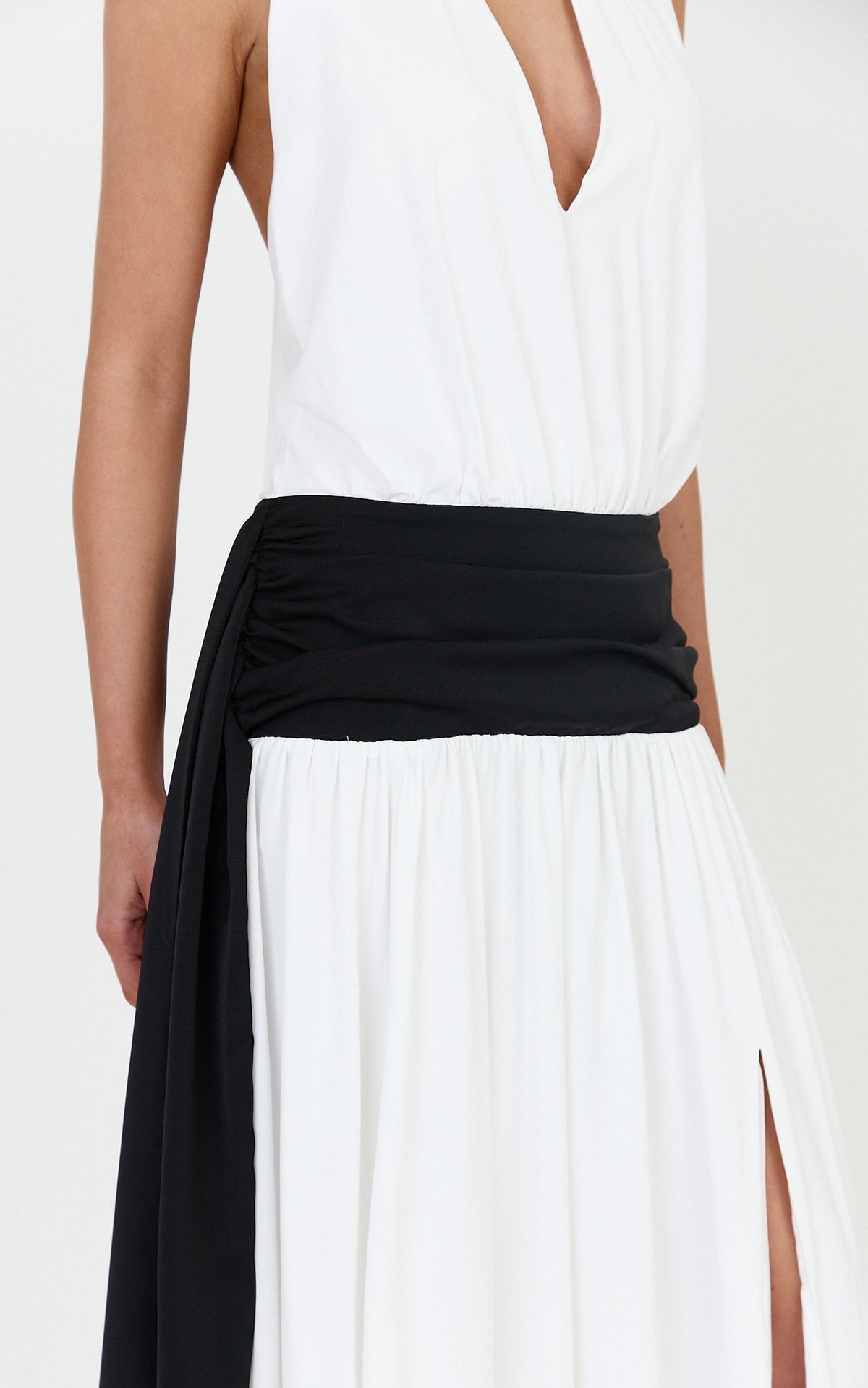 Erin Maxi Dress - Plunge Halter Neck Draped Dropped Waist Sash Dress in Cream