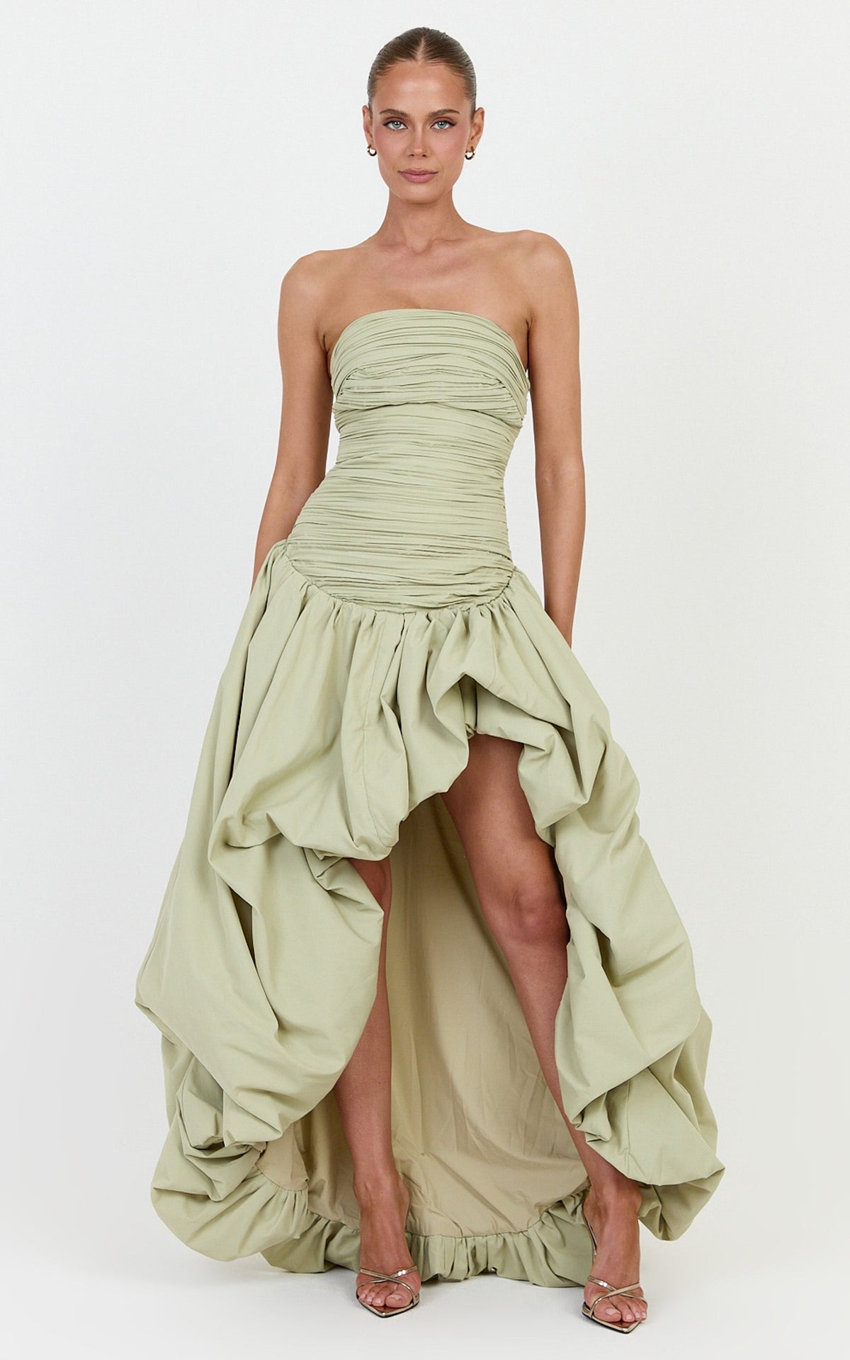 Esme Maxi Dress - Strapless Gathered Bodice Asymmetric Bubble Hem Dropped Waist Dress in Pistachio
