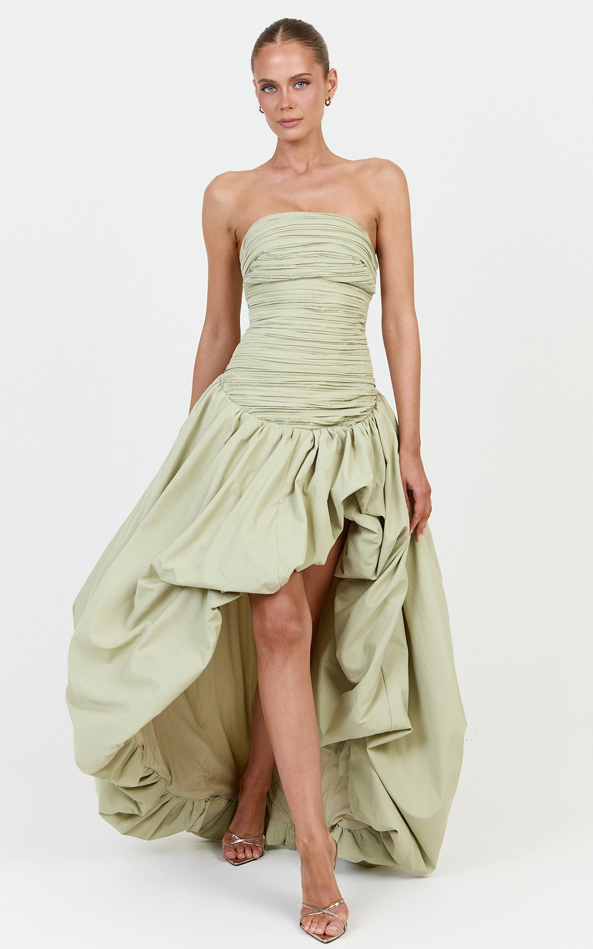 Esme Maxi Dress - Strapless Gathered Bodice Asymmetric Bubble Hem Dropped Waist Dress in Pistachio