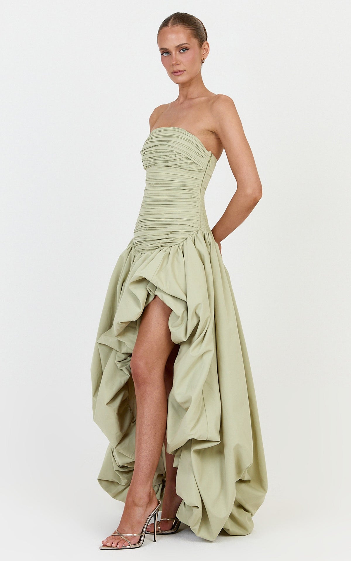 Esme Maxi Dress - Strapless Gathered Bodice Asymmetric Bubble Hem Dropped Waist Dress in Pistachio
