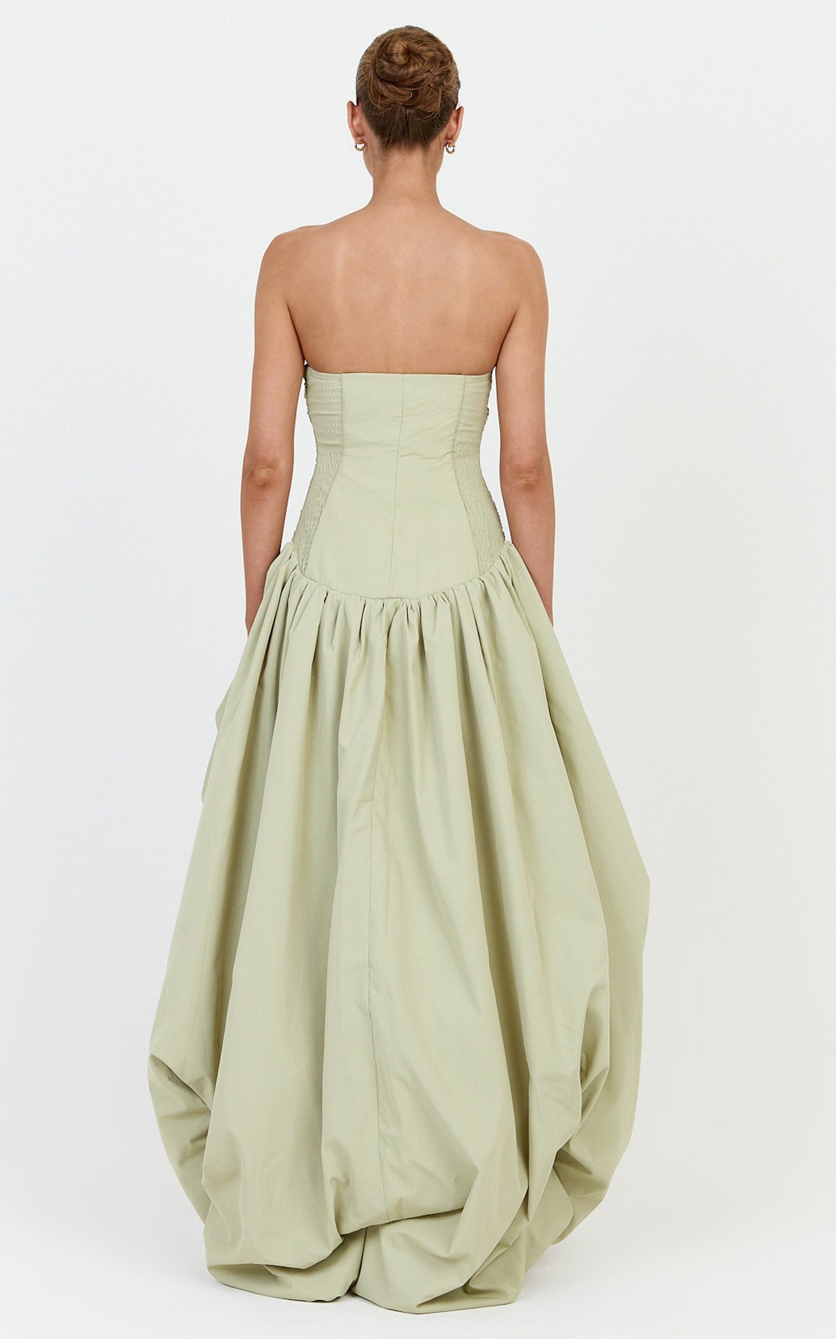 Esme Maxi Dress - Strapless Gathered Bodice Asymmetric Bubble Hem Dropped Waist Dress in Pistachio