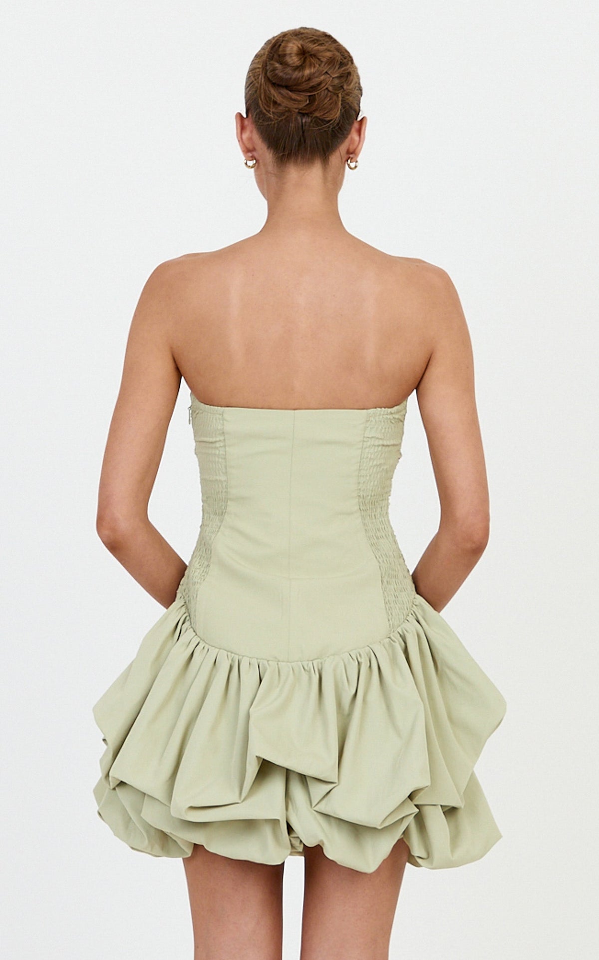 Esme Mini Dress - Strapless Gathered Bodice Bubble Hem Dropped Wasit Dress in Pistachio