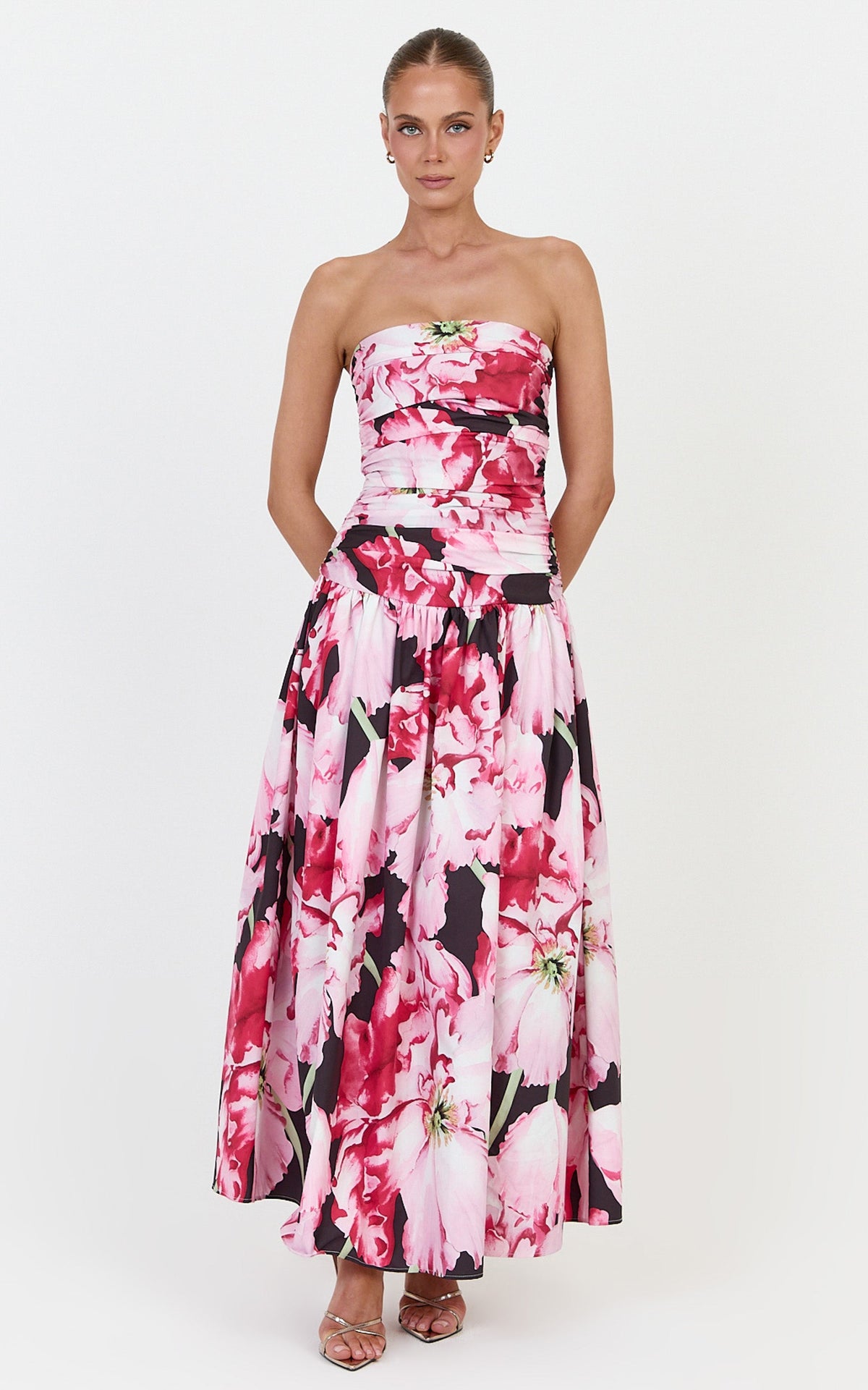 Isadora Midi Dress - Strapless Ruched Front Fit And Flare Dress in Poppy On Black Print
