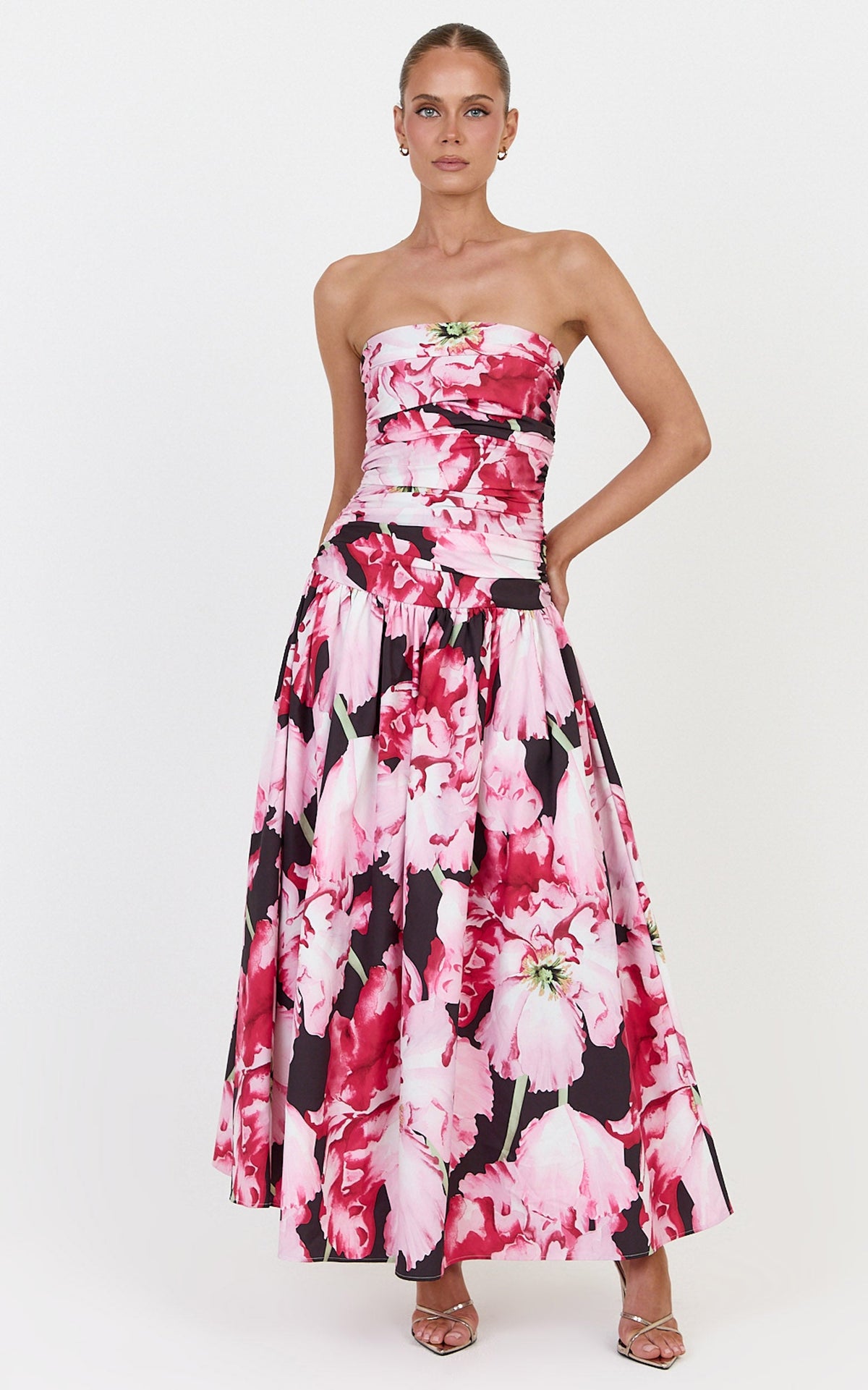 Isadora Midi Dress - Strapless Ruched Front Fit And Flare Dress in Poppy On Black Print