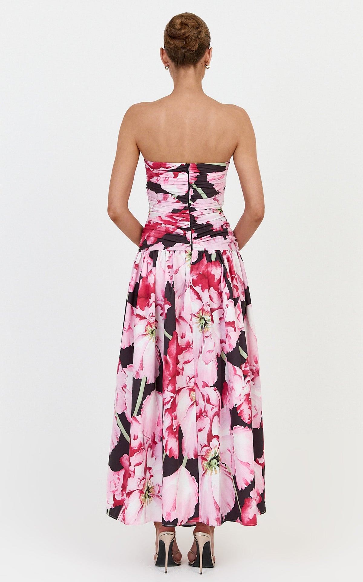 Isadora Midi Dress - Strapless Ruched Front Fit And Flare Dress in Poppy On Black Print