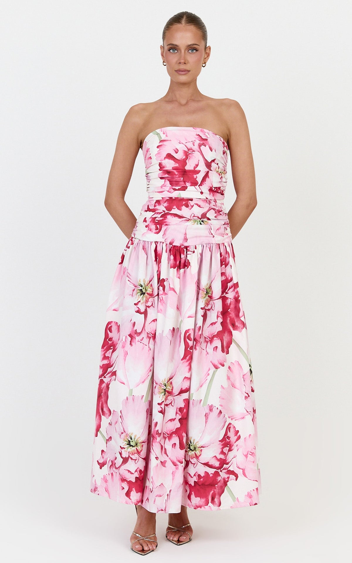 Isadora Midi Dress - Strapless Ruched Front Fit And Flare Dress in Poppy On White Print