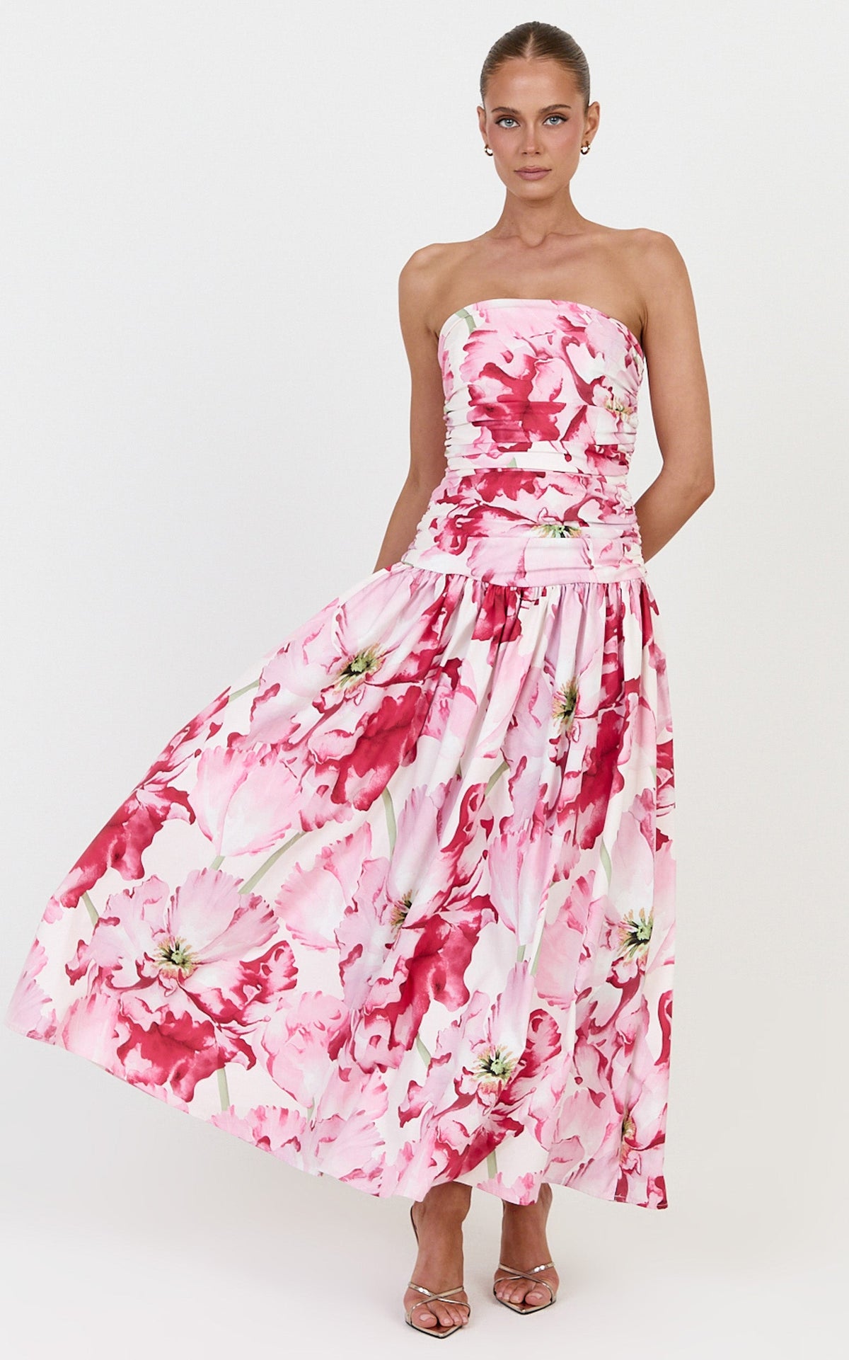 Isadora Midi Dress - Strapless Ruched Front Fit And Flare Dress in Poppy On White Print