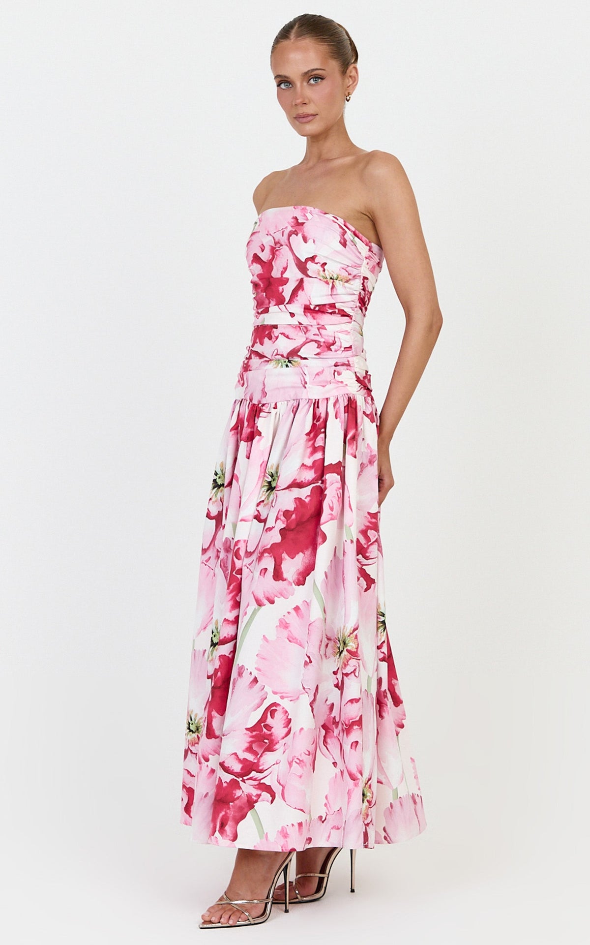 Isadora Midi Dress - Strapless Ruched Front Fit And Flare Dress in Poppy On White Print