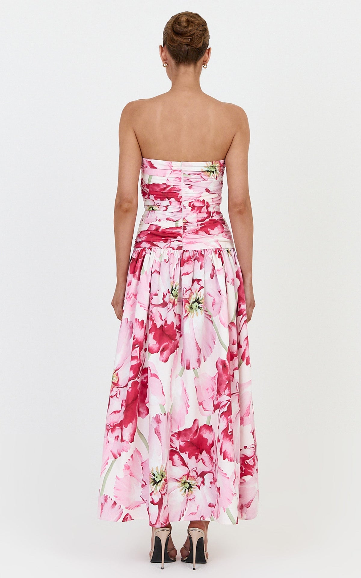 Isadora Midi Dress - Strapless Ruched Front Fit And Flare Dress in Poppy On White Print
