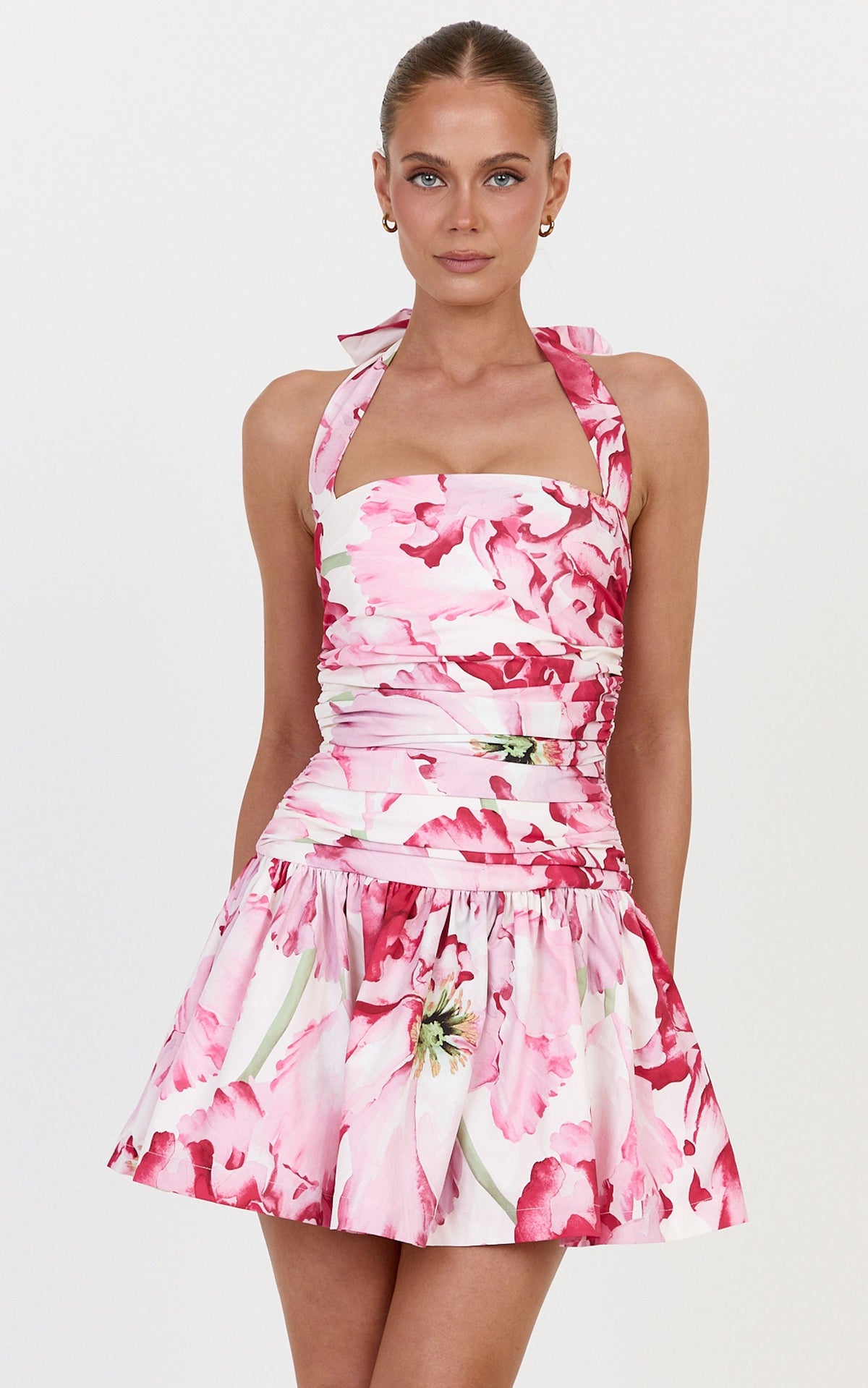 Isadora Mini Dress - Halter Neck Ruched Front Dress in Poppy On White Print