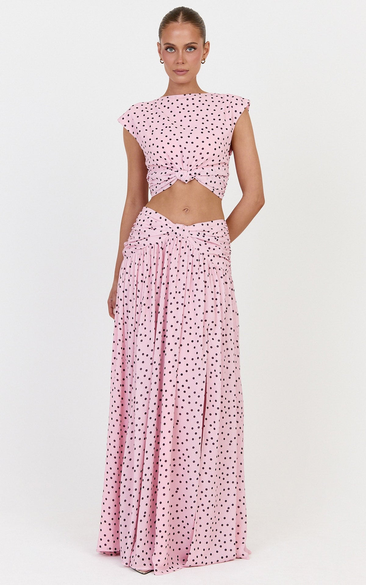 Livia Maxi Skirt - Gathered Waist Knot Detail Split Leg Skirt in Blush Scattered Polka Dot Print