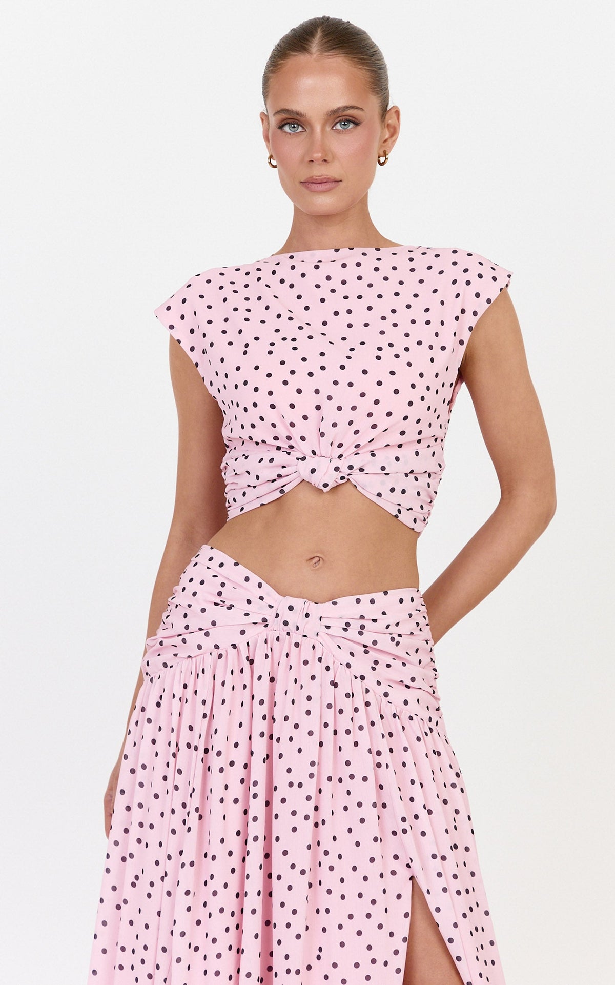 Livia Top - Knot Detail Polka Dot Print Top in Blush Scattered Polka Dot Print