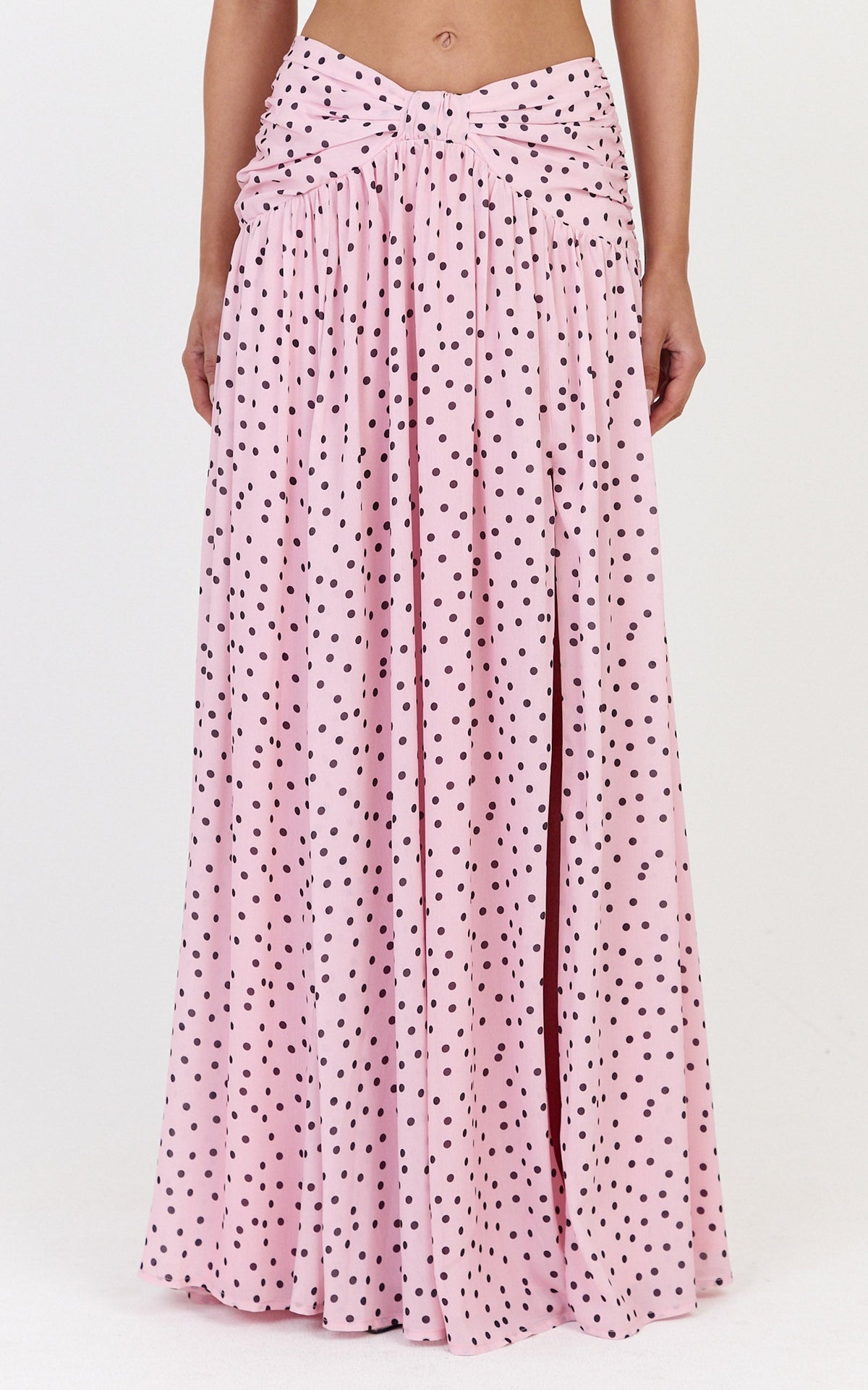 Livia Maxi Skirt - Gathered Waist Knot Detail Split Leg Skirt in Blush Scattered Polka Dot Print