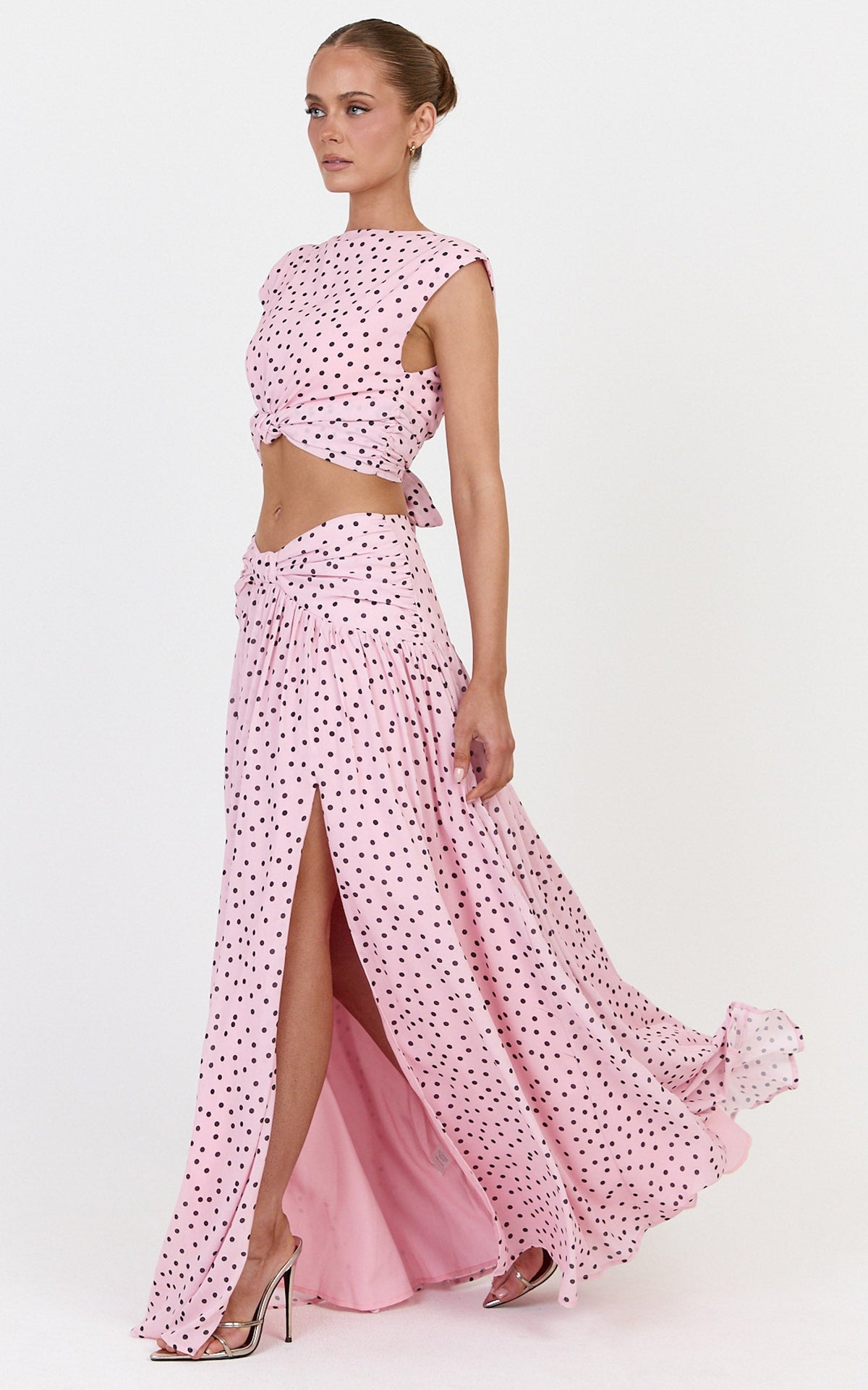 Livia Maxi Skirt - Gathered Waist Knot Detail Split Leg Skirt in Blush Scattered Polka Dot Print