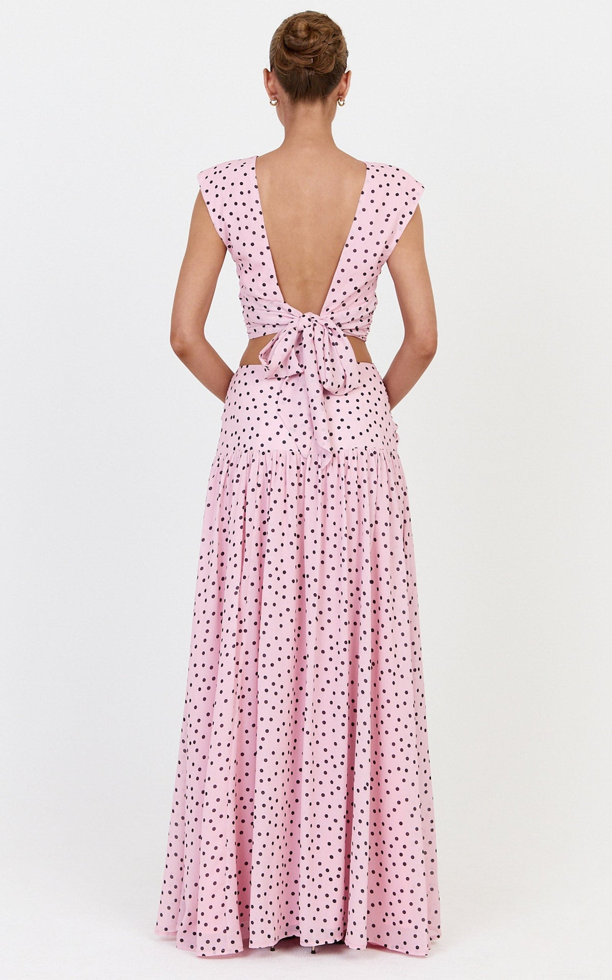 Livia Maxi Skirt - Gathered Waist Knot Detail Split Leg Skirt in Blush Scattered Polka Dot Print