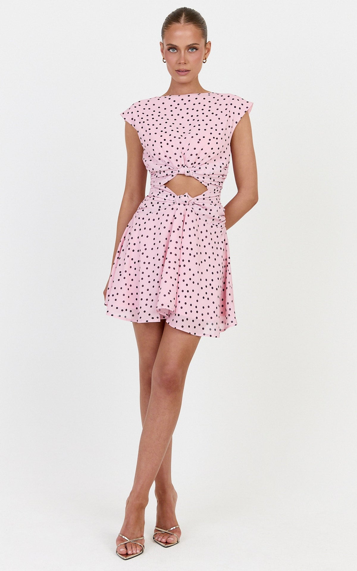 Livia Mini Dress - Cut Out Knot Detail Dress in Blush Scattered Polka Dot Print