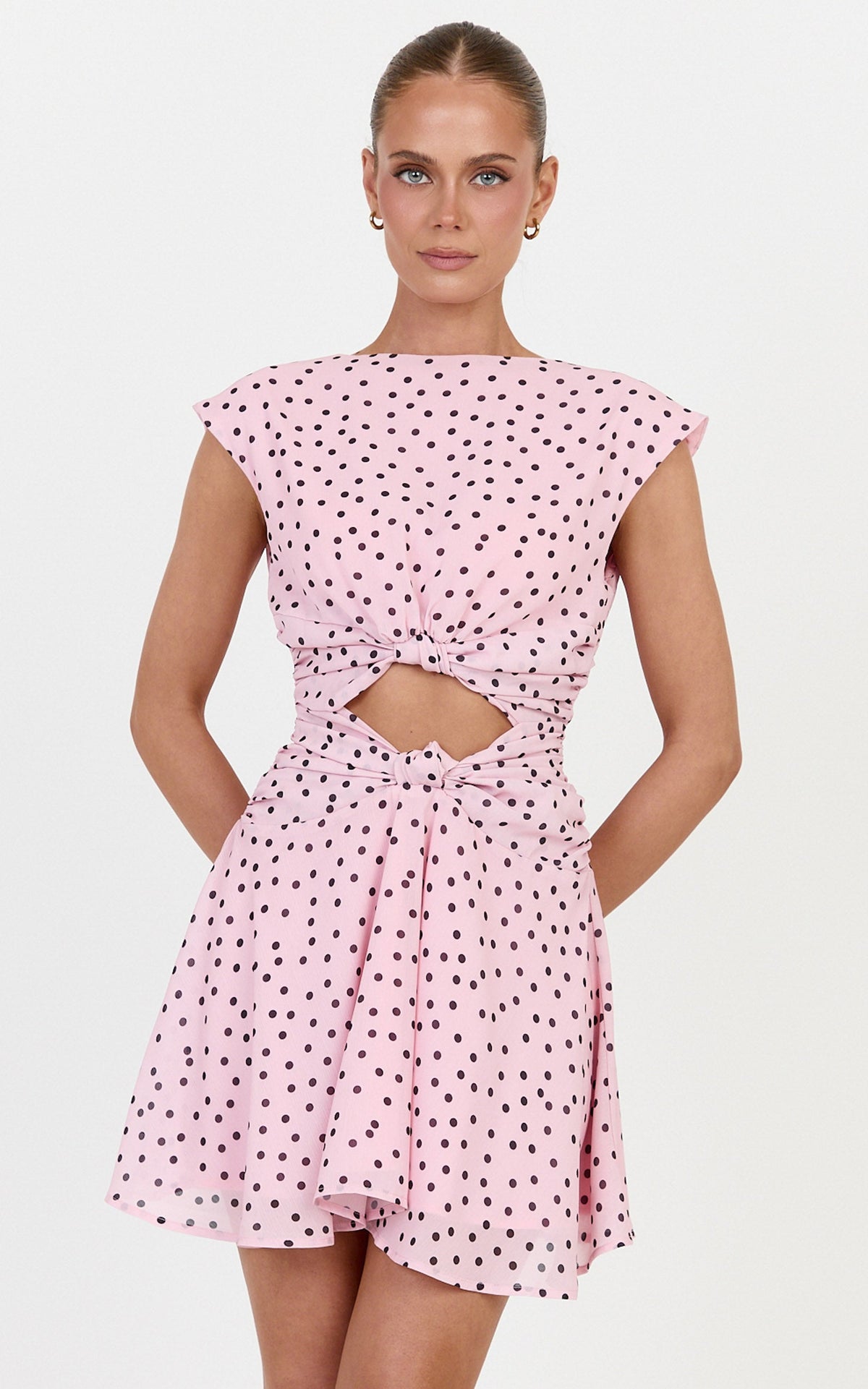 Livia Mini Dress - Cut Out Knot Detail Dress in Blush Scattered Polka Dot Print