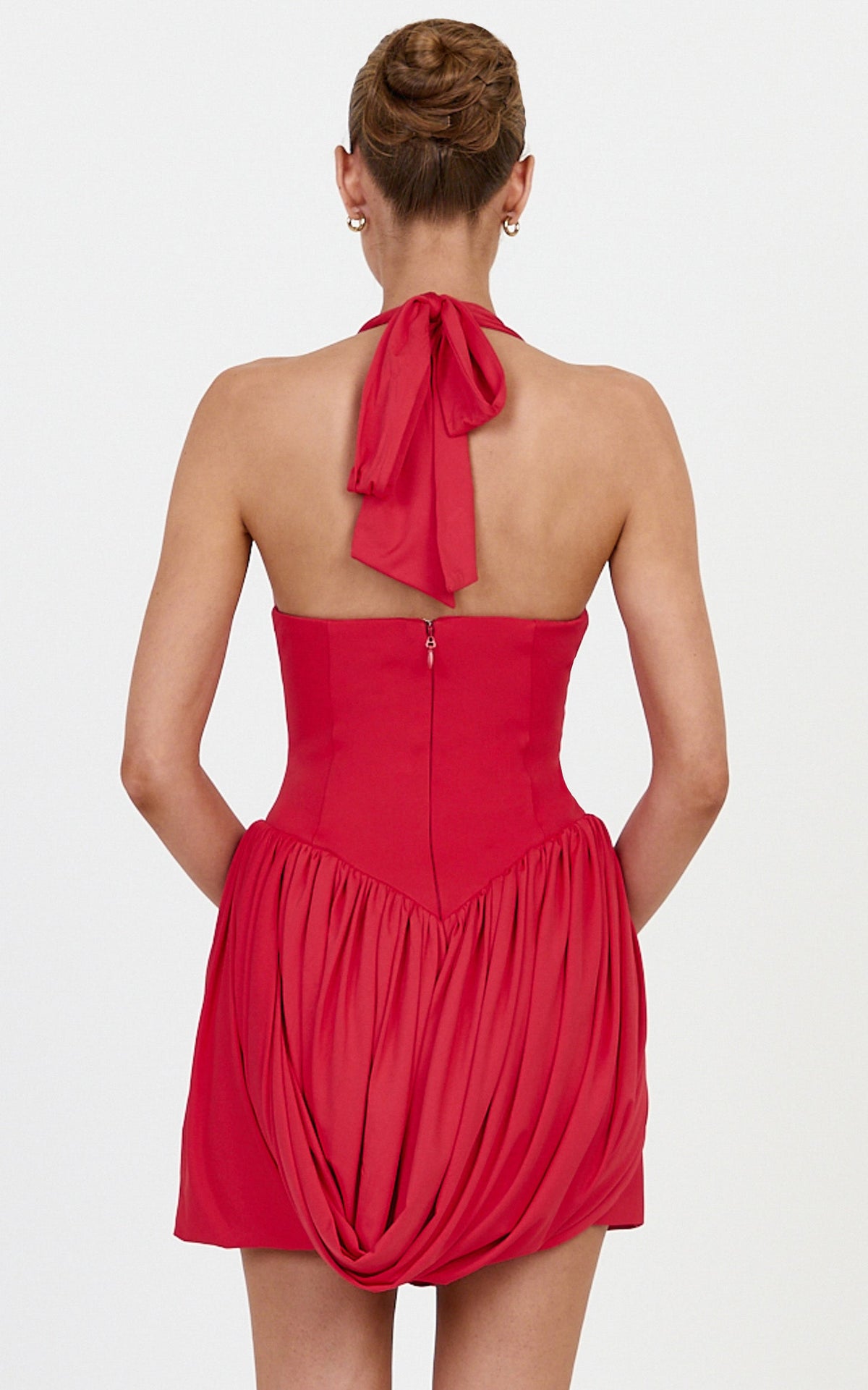 Margaux Mini Dress - Halter Neck Corset Bodice Draped Tulip Skirt Dress in Red