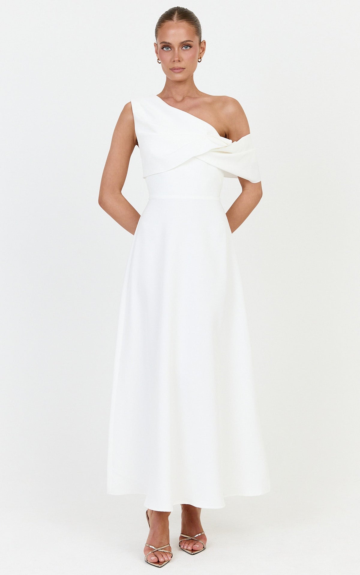 Mirabella Midi Dress - One Shoulder Twist Front Dress in Off White