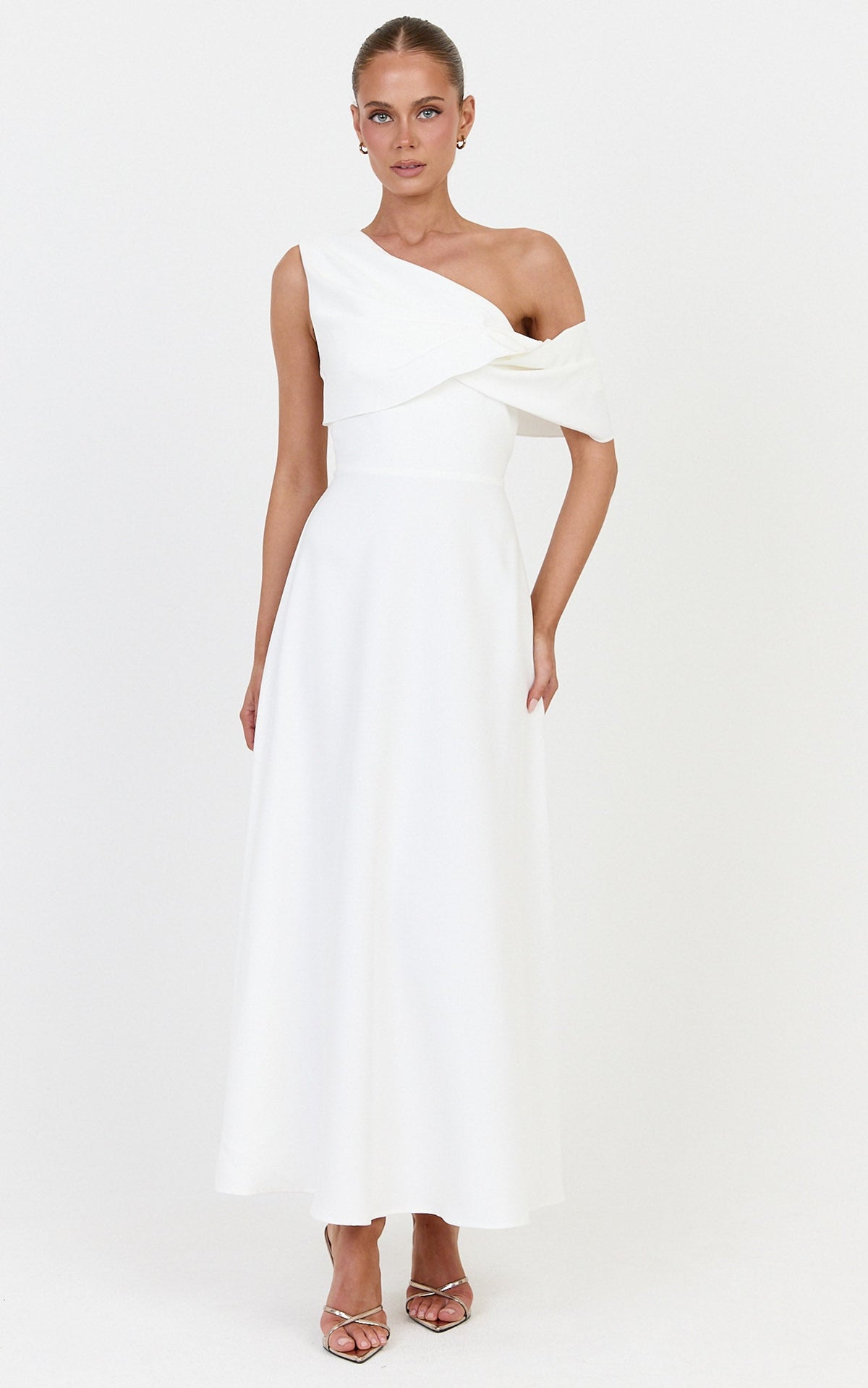 Mirabella Midi Dress - One Shoulder Twist Front Dress in Off White