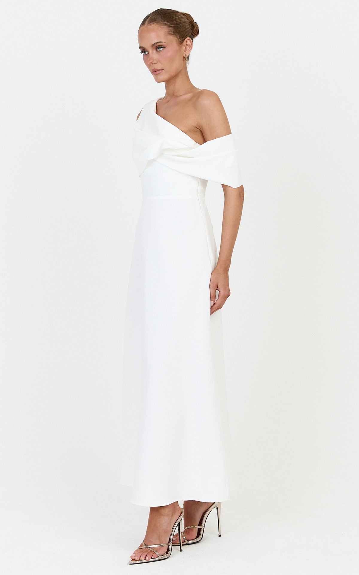 Mirabella Midi Dress - One Shoulder Twist Front Dress in Off White