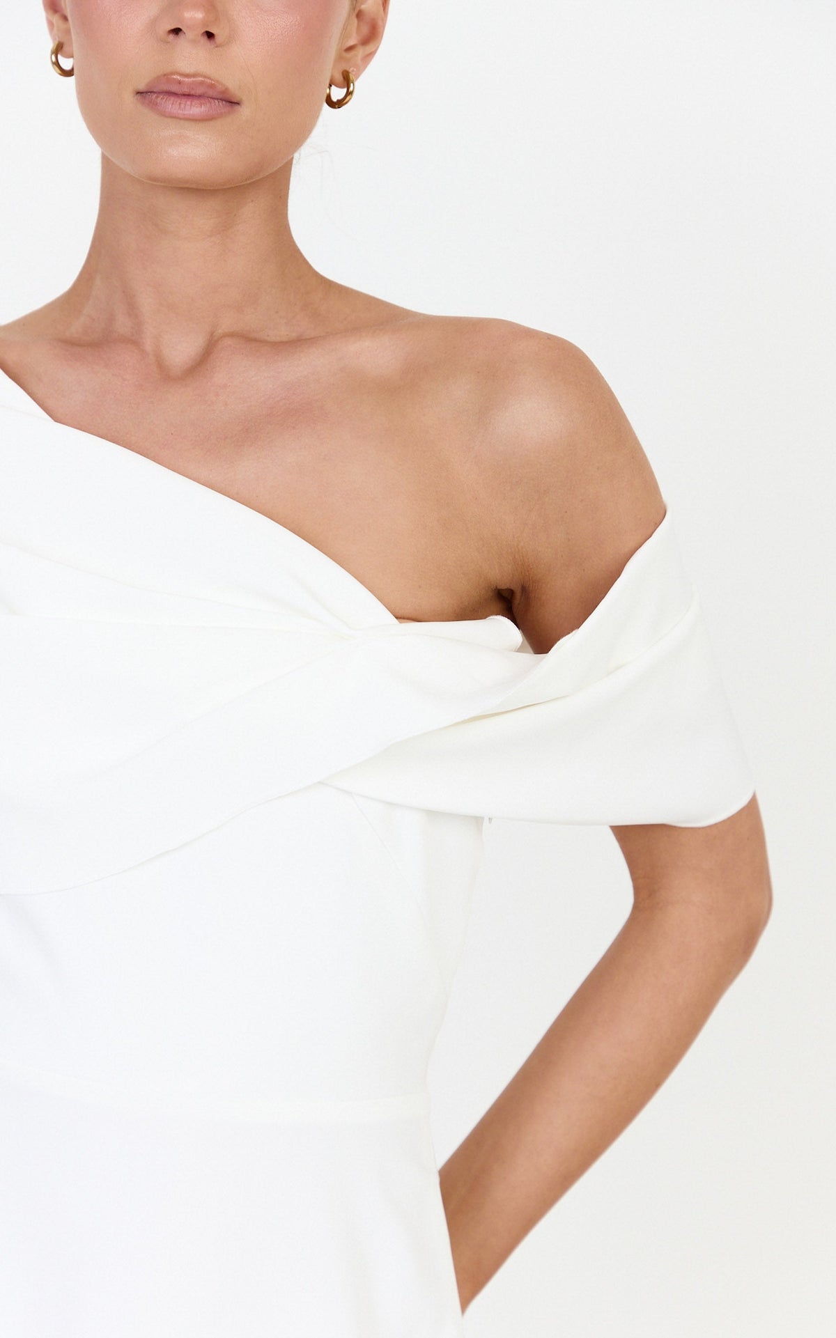Mirabella Midi Dress - One Shoulder Twist Front Dress in Off White