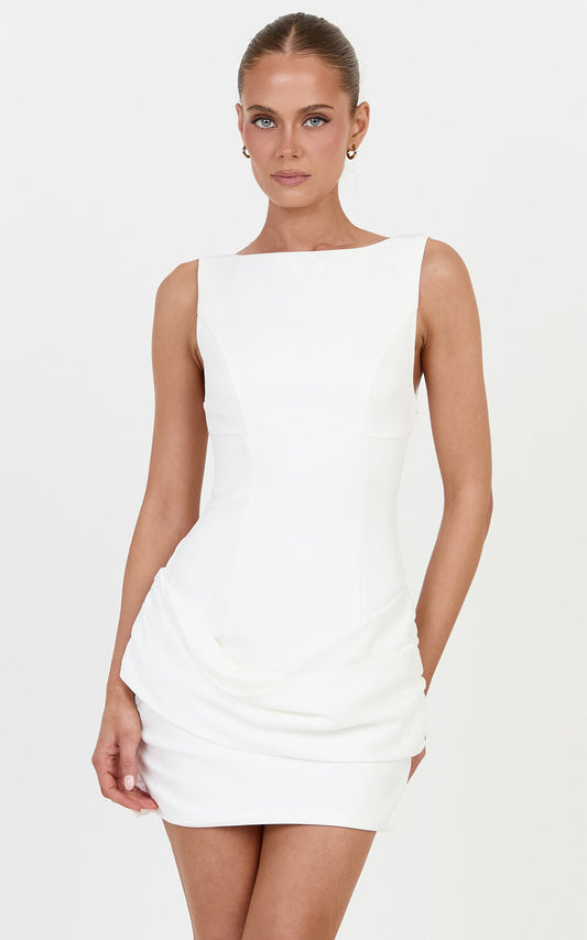 Sabrina Mini Dress - High Boat Neck Overlay Draped Skirt Dress in Off White