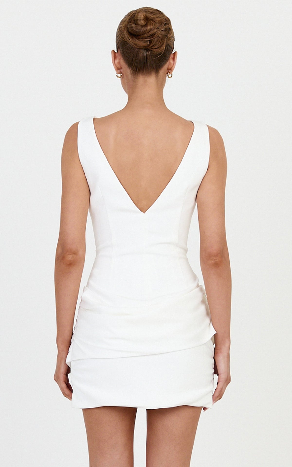 Sabrina Mini Dress - High Boat Neck Overlay Draped Skirt Dress in Off White