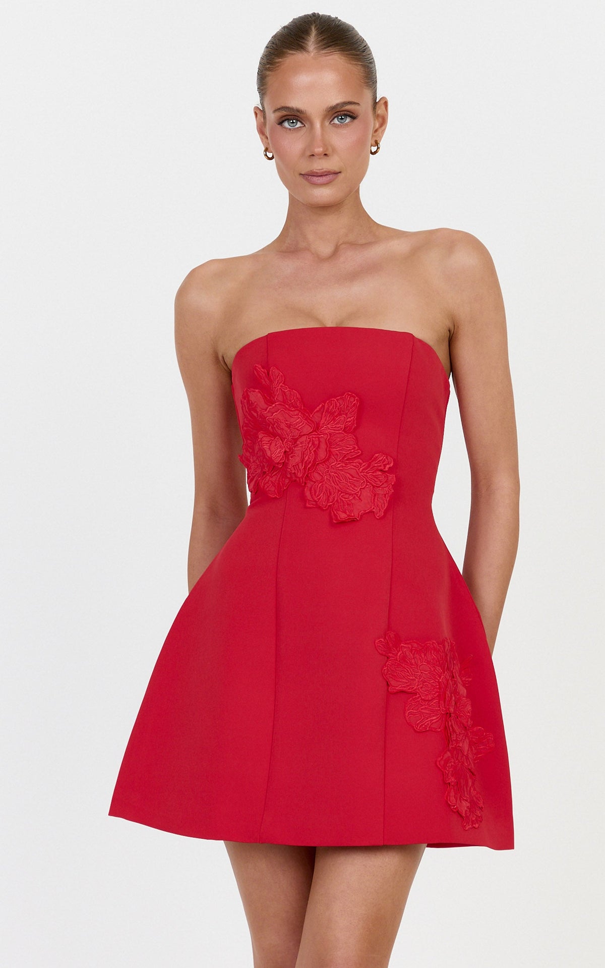 Moana Mini Dress - Strapless Floral Embellished Structured Dress in Red