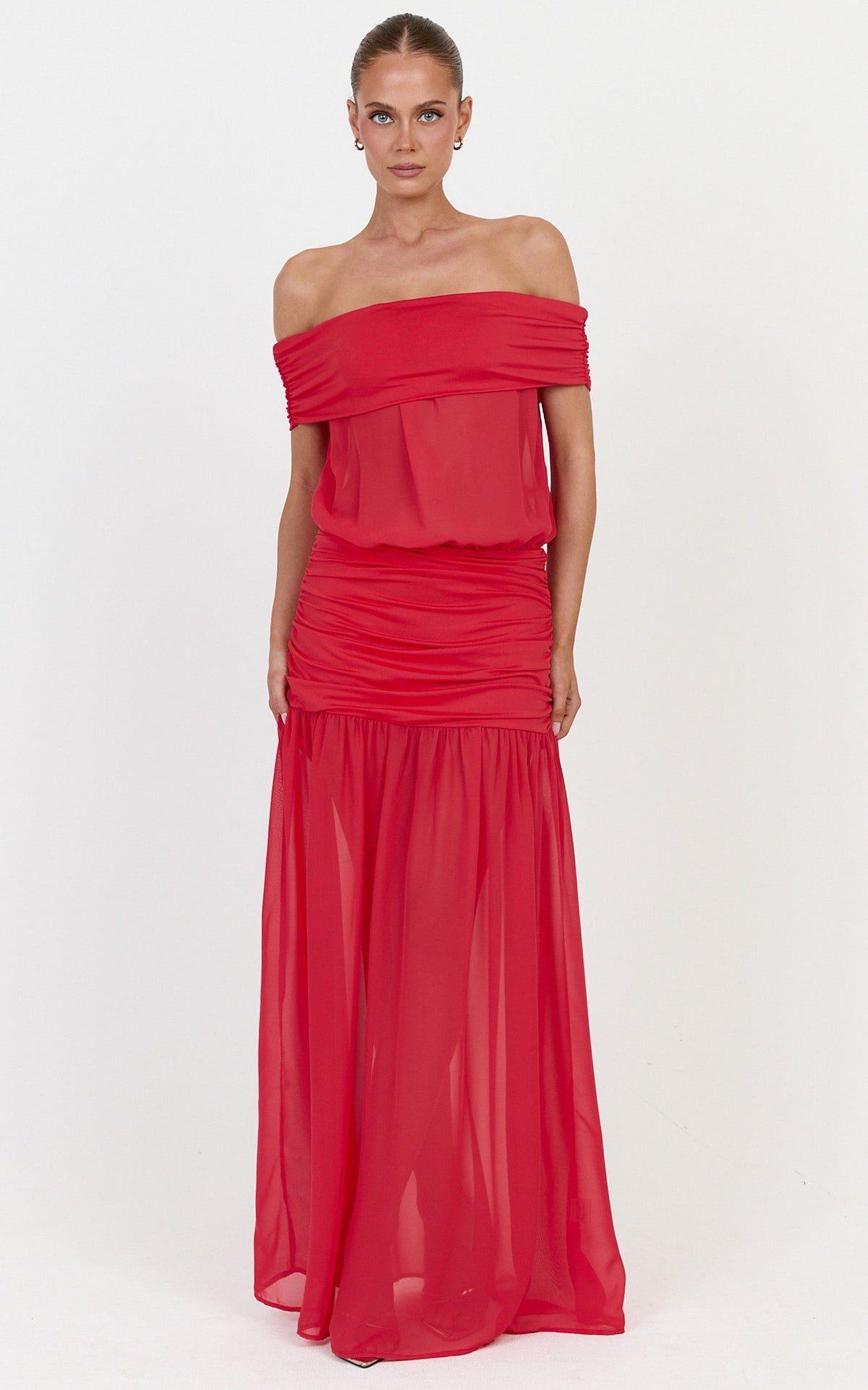 Rafaela Maxi Dress - Off The Shoulder Dropped Waist Dress in Red