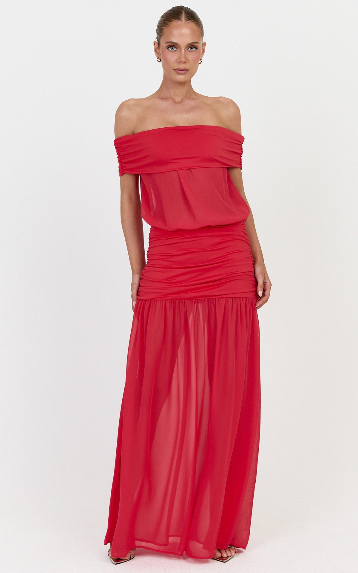Rafaela Maxi Dress - Off The Shoulder Dropped Waist Dress in Red